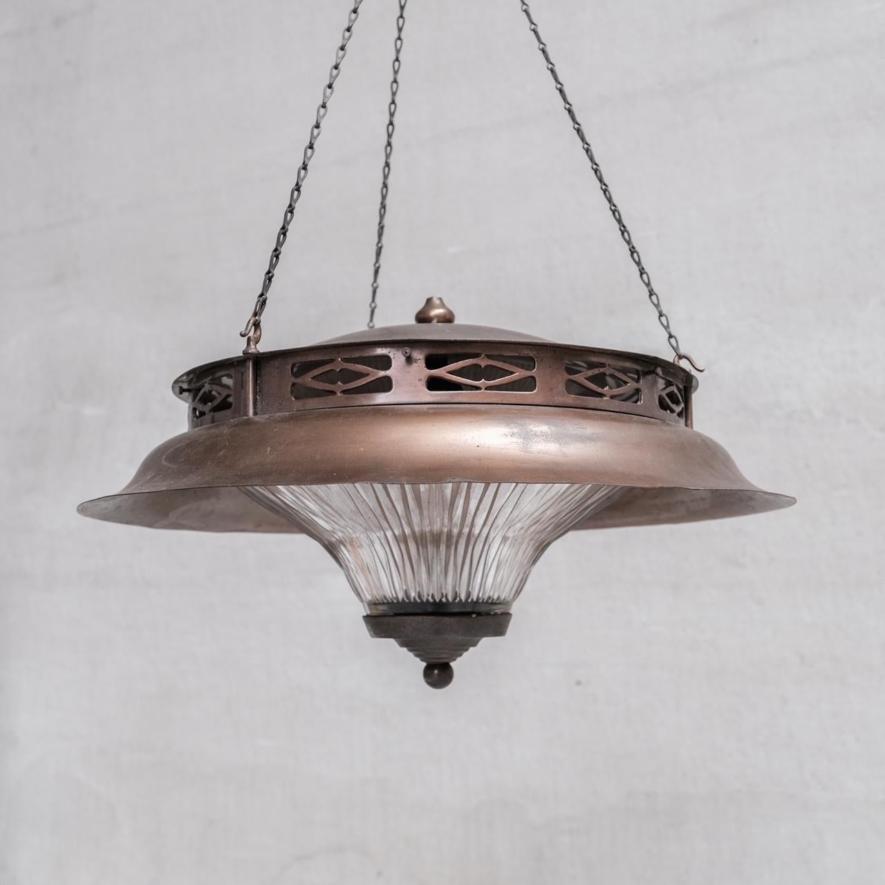Brass Antique French Pagoda Style Glass and Metal Pendant Light For Sale