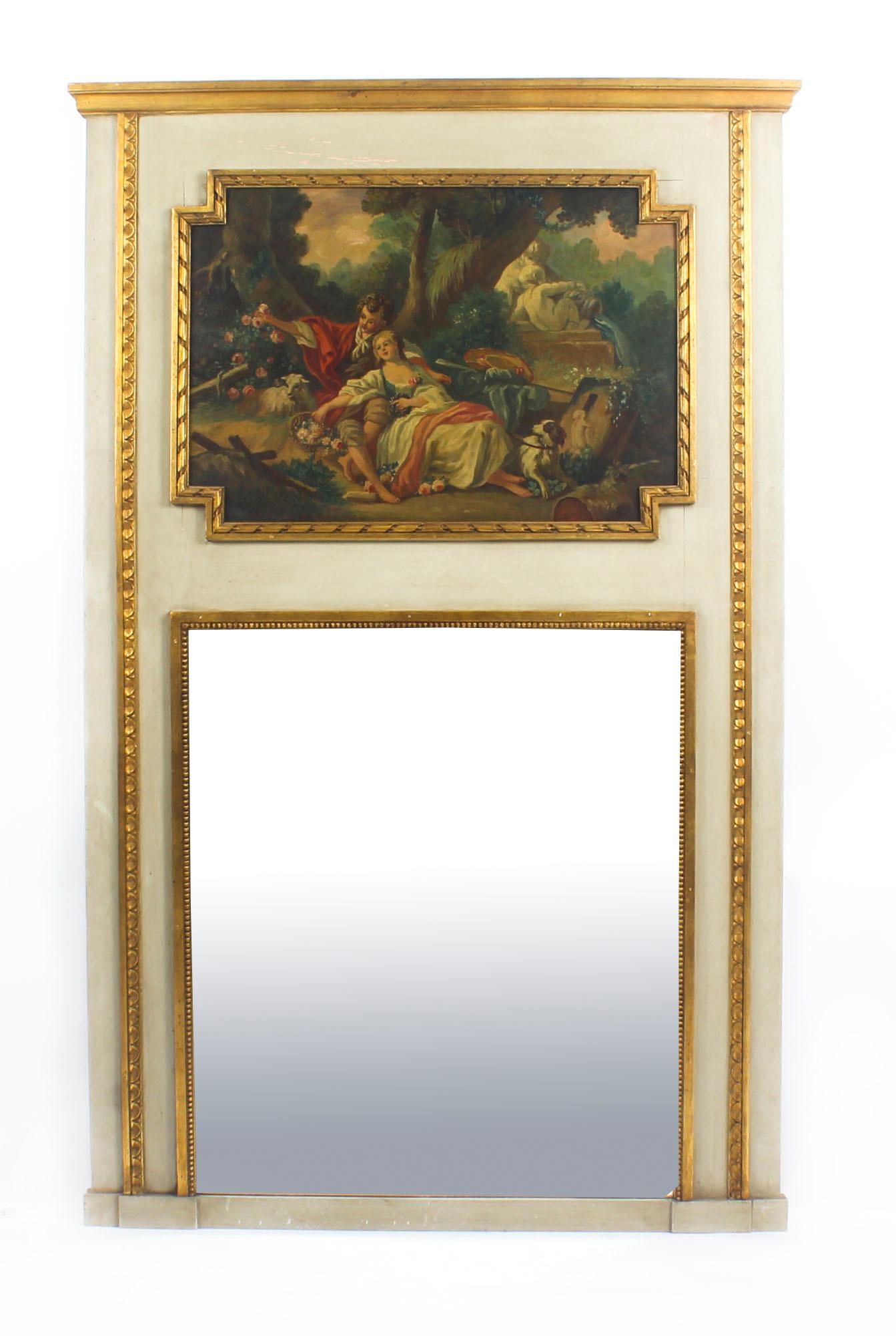 Antique French Painted and Parcel-Gilt Trumeau Mirror, circa 19th Century 2