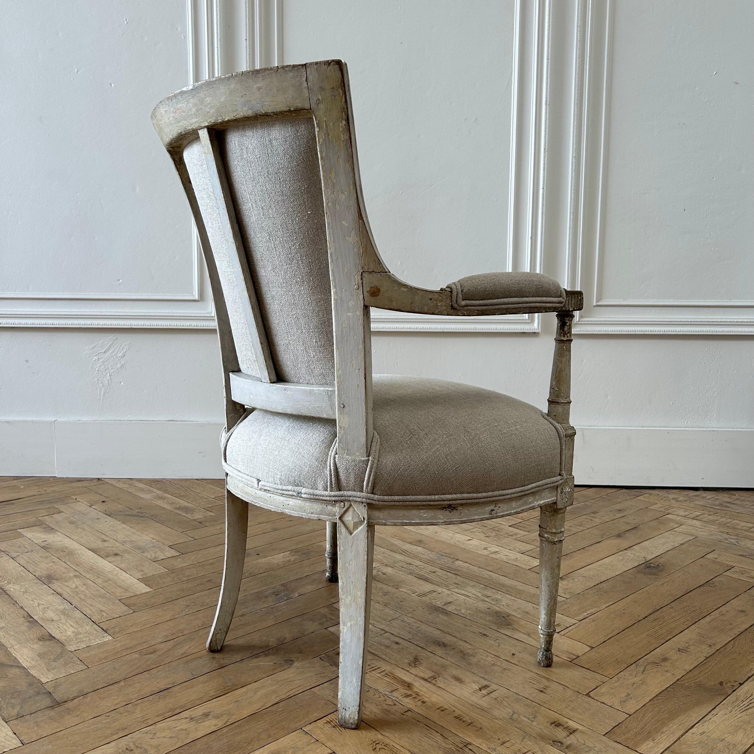 Antique French Painted and Upholstered Directoire Open Arm Chairs For Sale 12