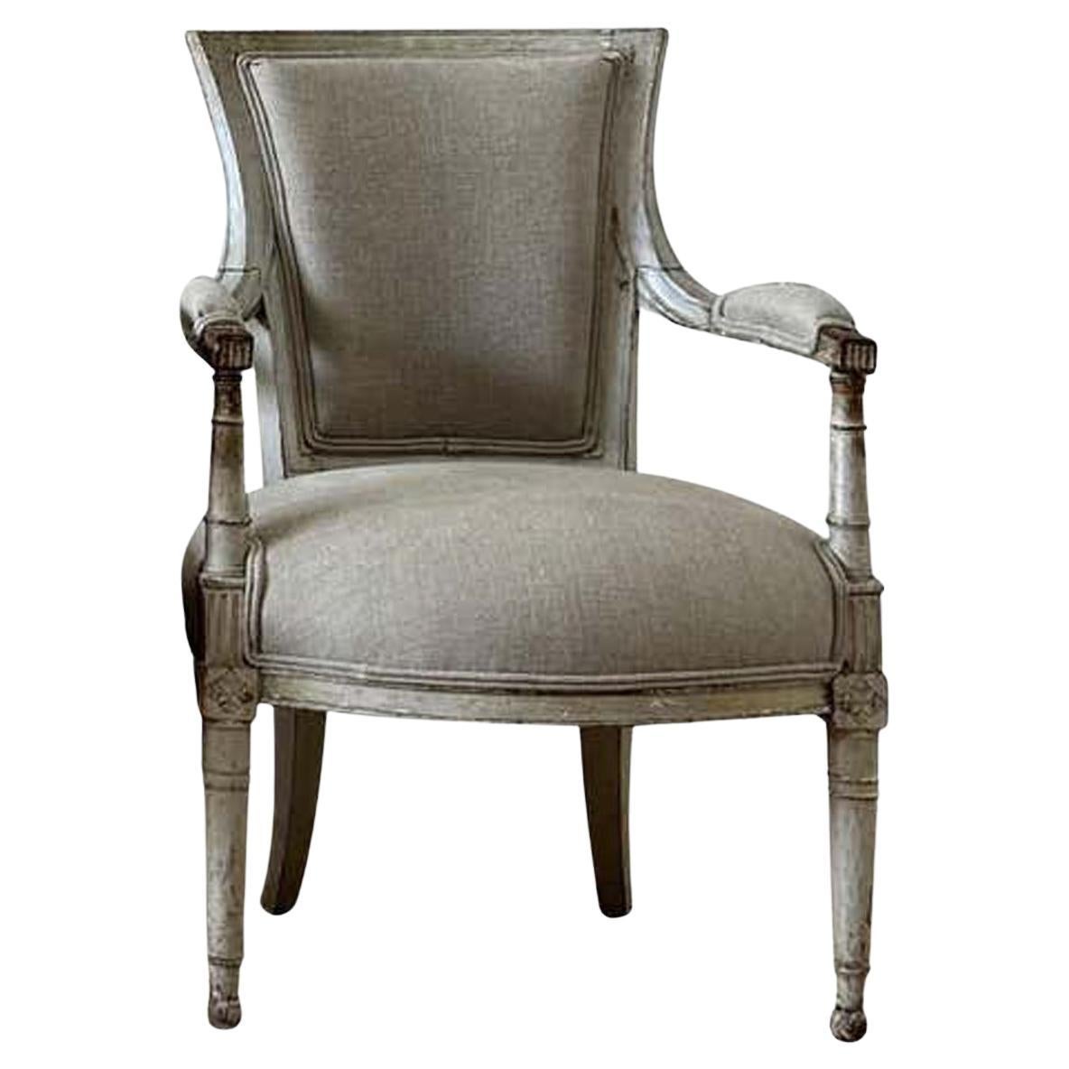 Antique French Painted and Upholstered Directoire Open Arm Chairs