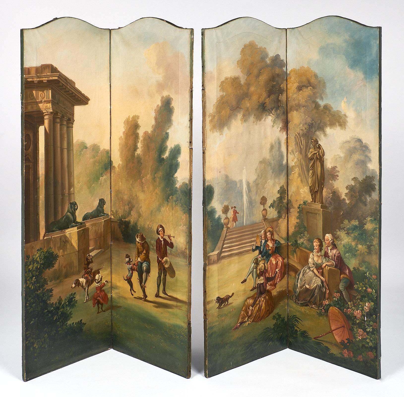 A French antique painted canvas screen with four panels featuring hand painted decor in a romantic pastorale fashion. Impressive architectural “ a L’Antique” and various romantic scenes are depicted in the foreground, along with monkeys and