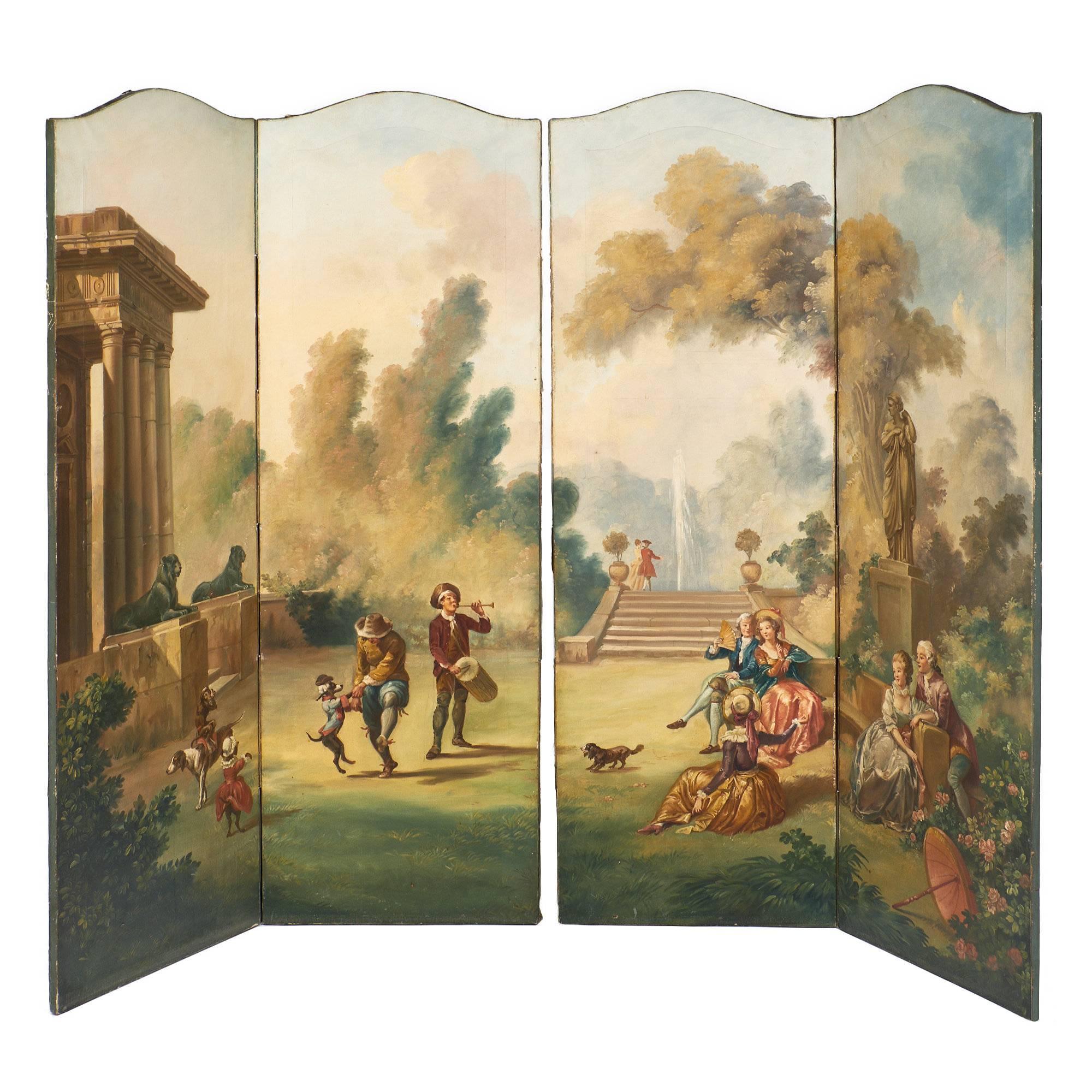Antique French Painted Canvas Screen