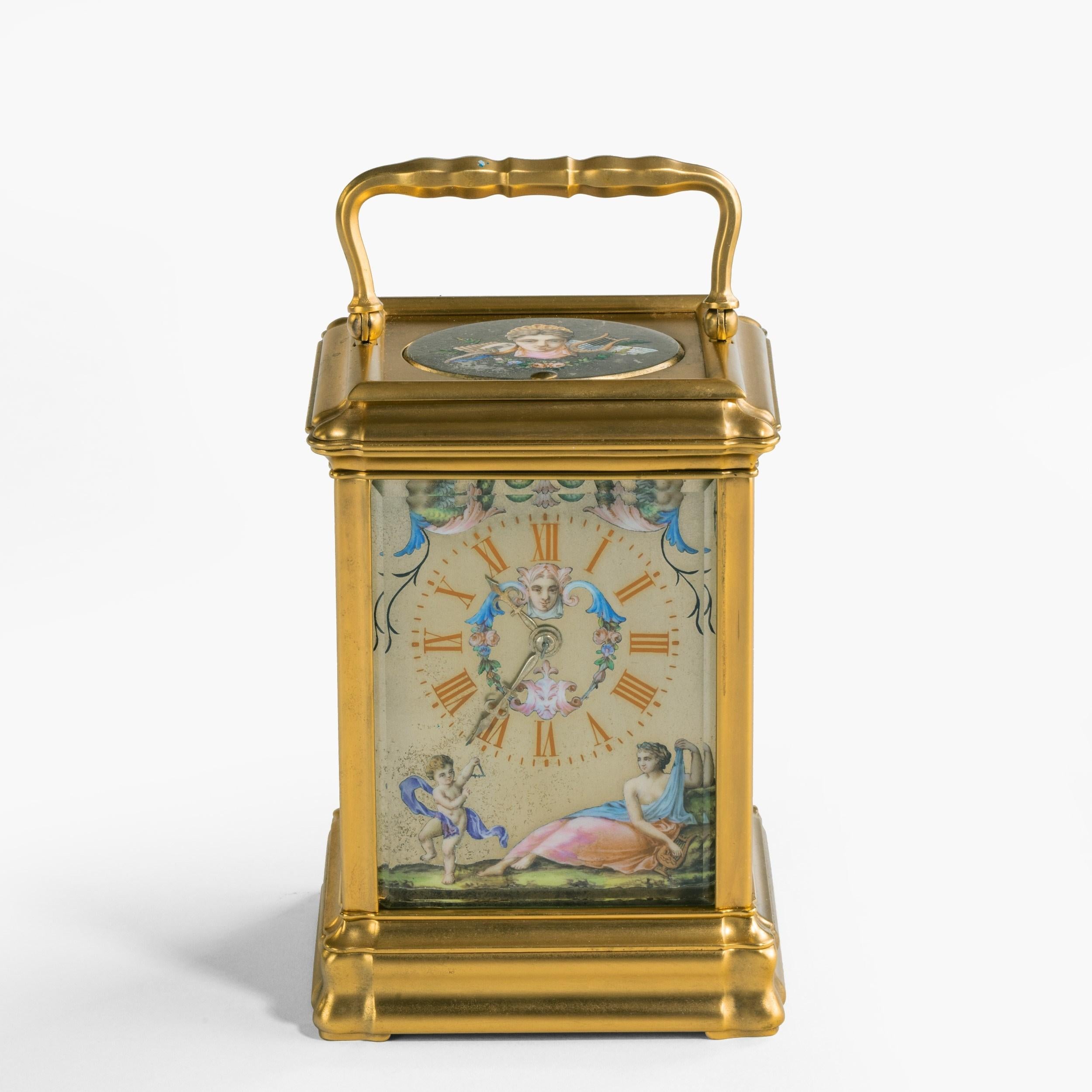 A fine cased carriage clock

The substantially sized 'Gorge' case houses a lever platform escapement, striking the hours and half hours on a blued steel coiled gong, with the repeat button atop, the bevelled glass face shows the hours delineated