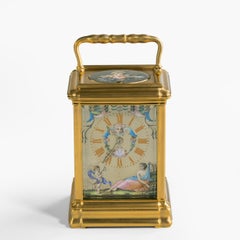 Antique French Hand-Painted Enamel Carriage Clock with Allegorical Themes