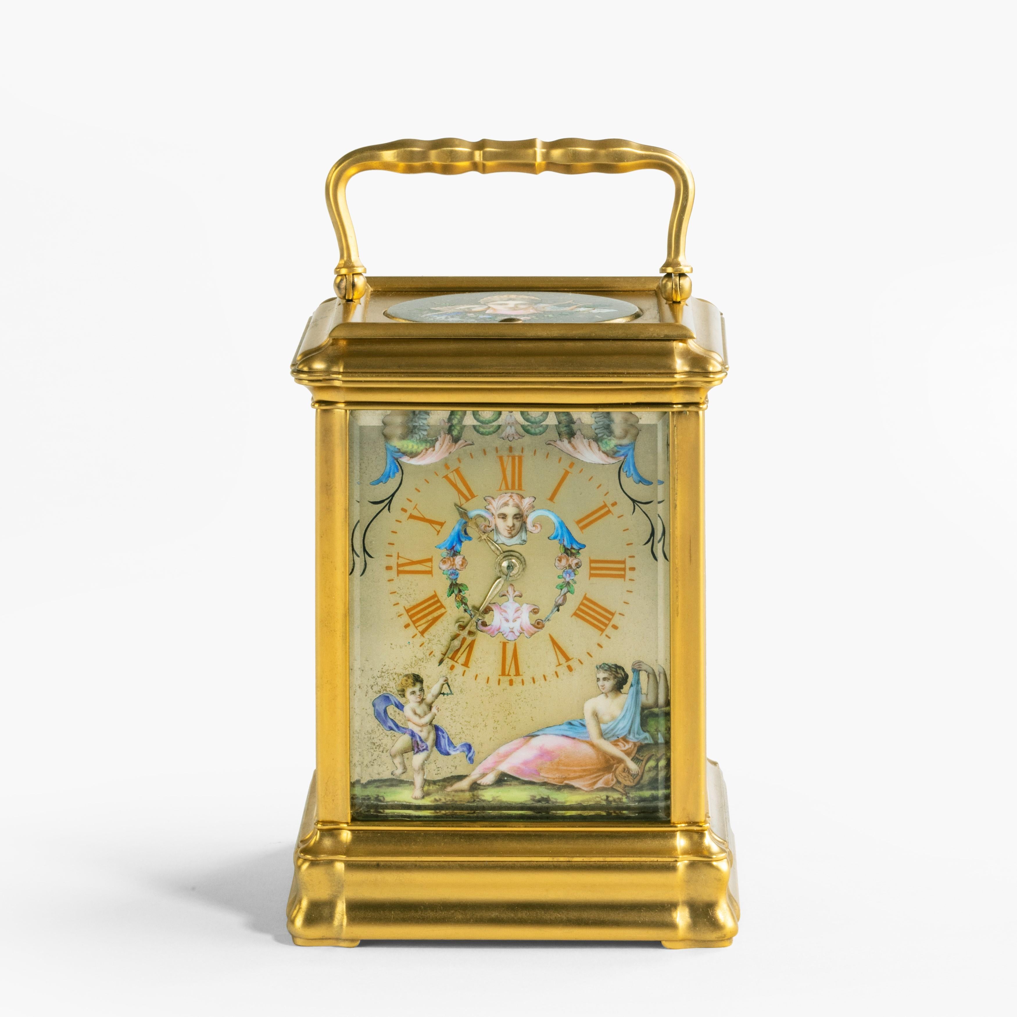 Belle Époque Antique French Hand-Painted Enamel Carriage Clock with Allegorical Themes For Sale