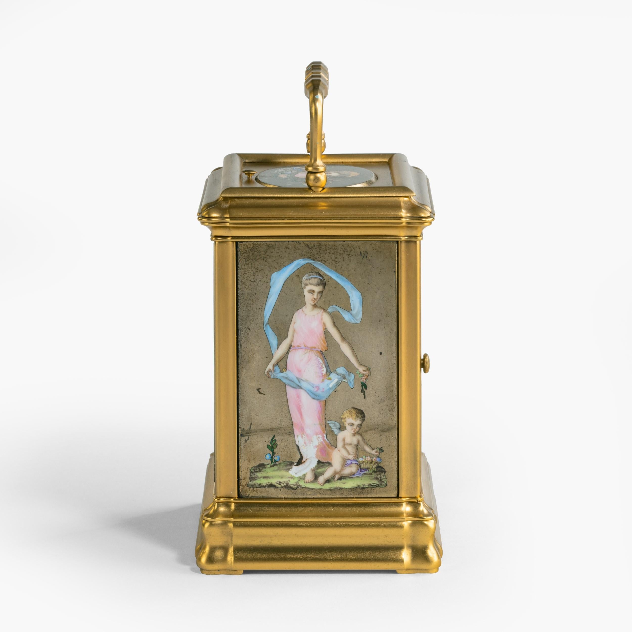 Antique French Hand-Painted Enamel Carriage Clock with Allegorical Themes In Excellent Condition For Sale In London, GB