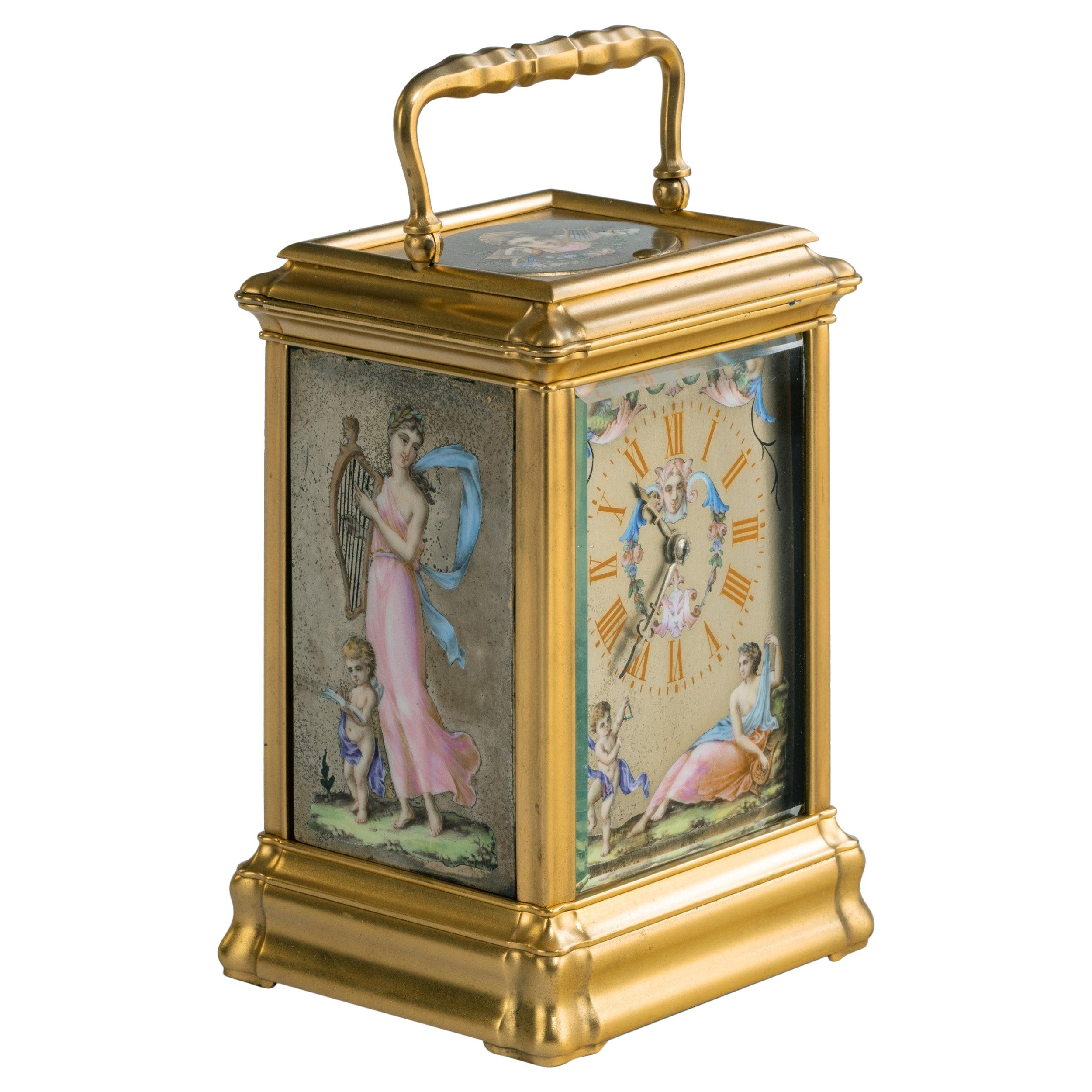 Antique French Hand-Painted Enamel Carriage Clock with Allegorical Themes