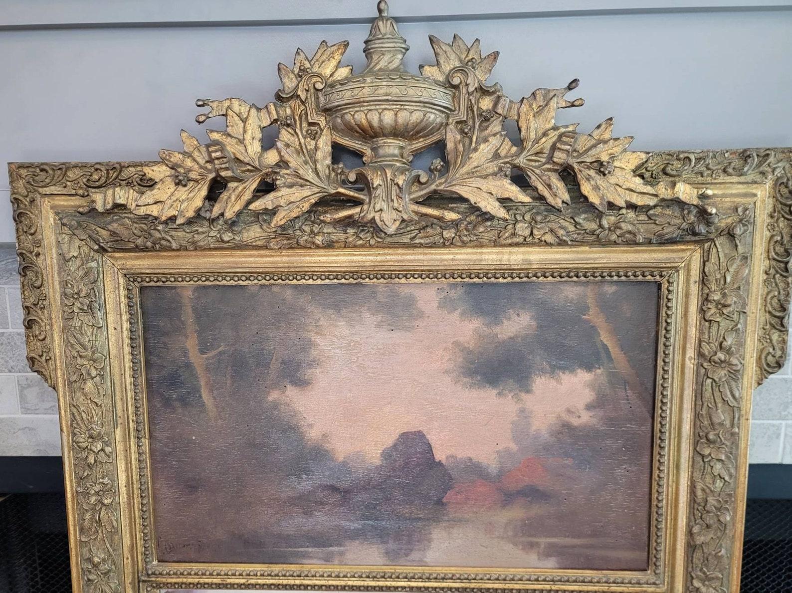 Antike Französisch gemalt geschnitzt vergoldet Holz Trumeau Spiegel (Belle Époque) im Angebot