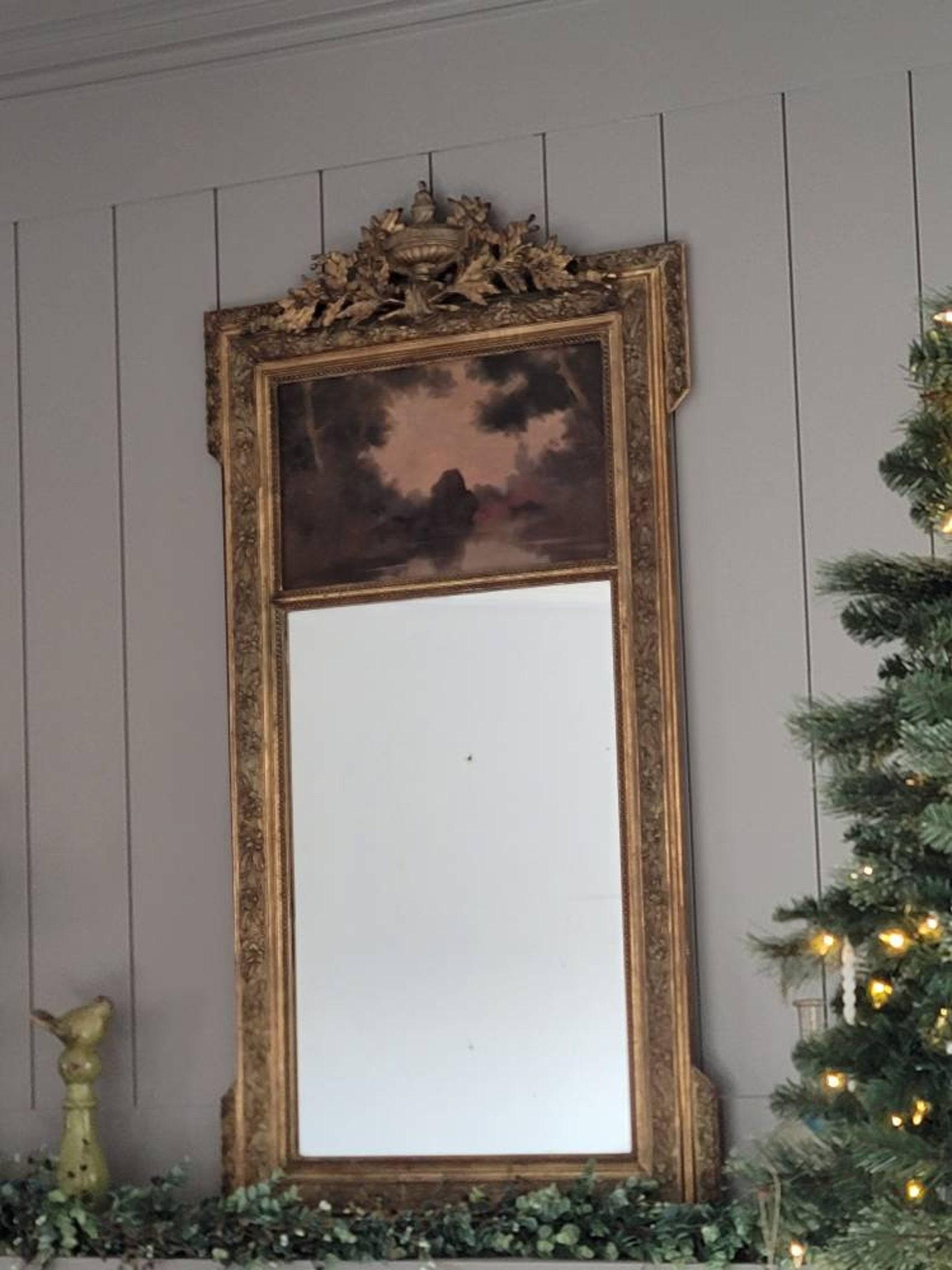 Hand-Crafted Antique French Painted Carved Gilt Wood Trumeau Mirror For Sale