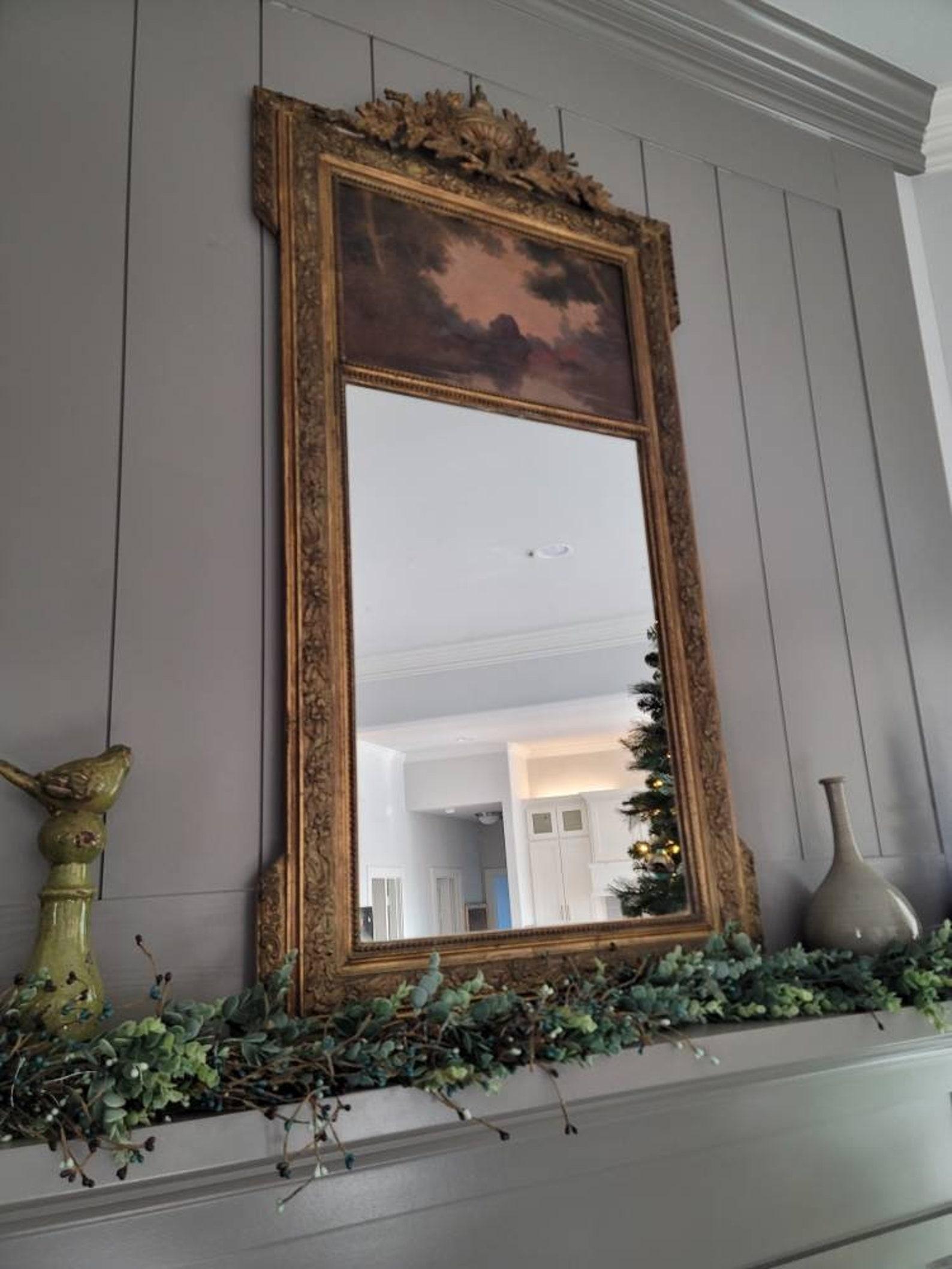 Antique French Painted Carved Gilt Wood Trumeau Mirror In Good Condition For Sale In Forney, TX