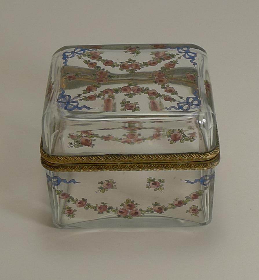 Late Victorian Antique French Painted Crystal Box, Ormolu Mounts Signed A.F., circa 1890