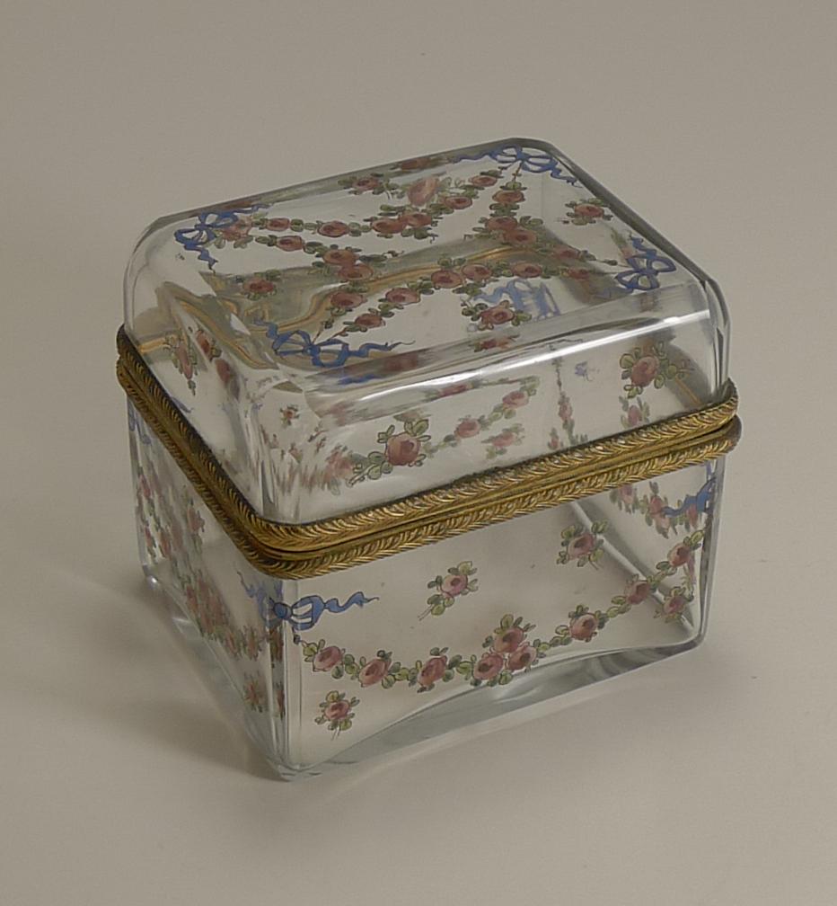 Gilt Antique French Painted Crystal Box, Ormolu Mounts Signed A.F., circa 1890