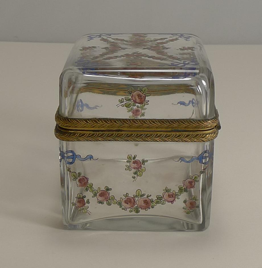 Antique French Painted Crystal Box, Ormolu Mounts Signed A.F., circa 1890 In Good Condition In Bath, GB