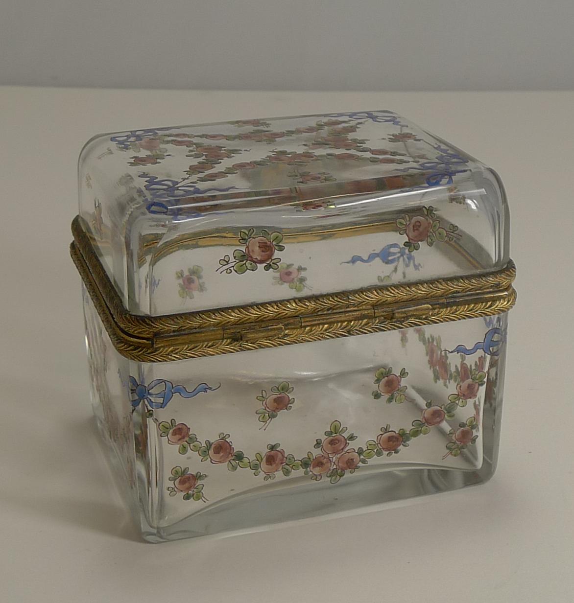 Late 19th Century Antique French Painted Crystal Box, Ormolu Mounts Signed A.F., circa 1890