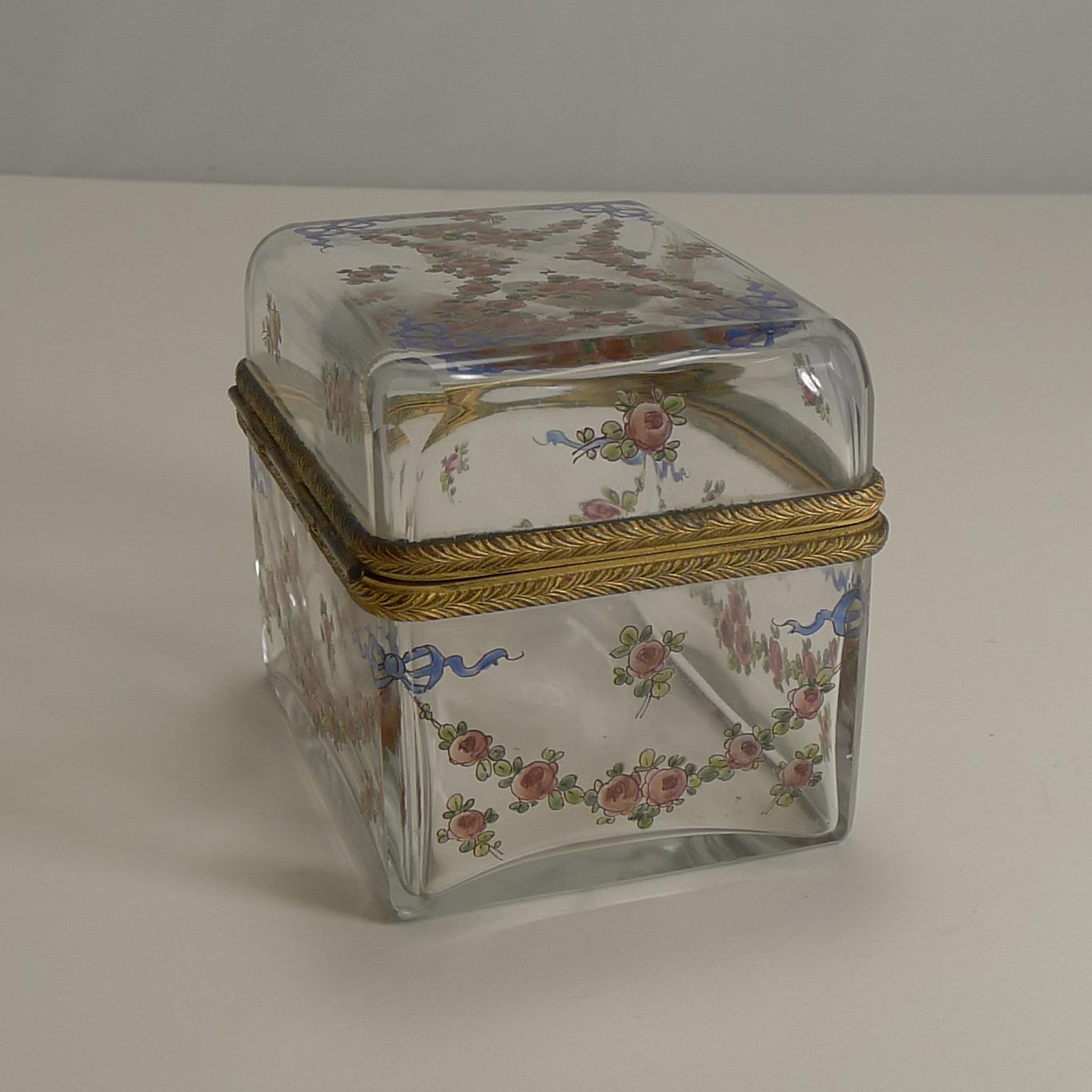 Bronze Antique French Painted Crystal Box, Ormolu Mounts Signed A.F., circa 1890