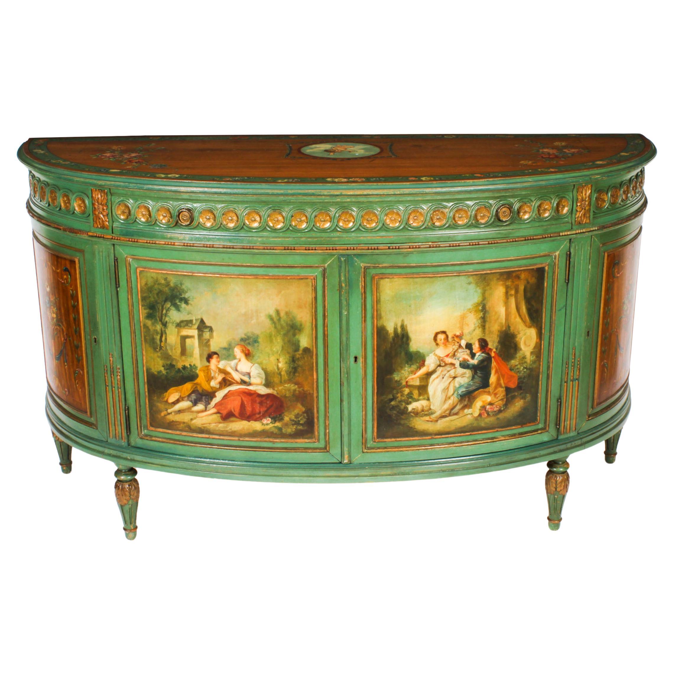 Antique French Painted Demi Lune Cabinet Commode 20th Century