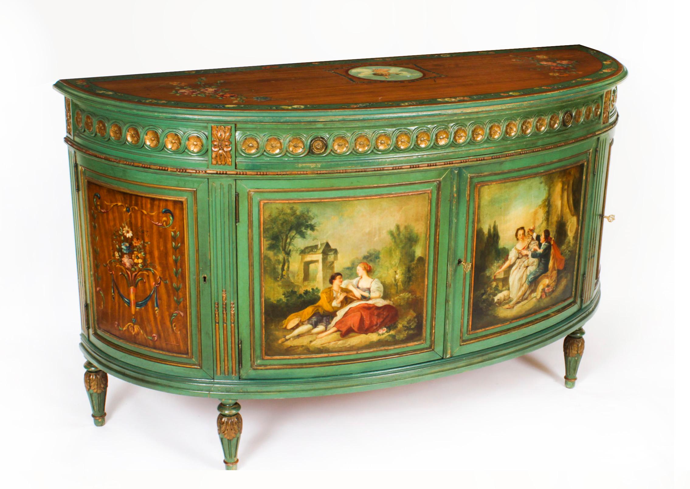 Early 20th Century Antique French Painted Demi Lune Cabinets Commodes 20th Century For Sale
