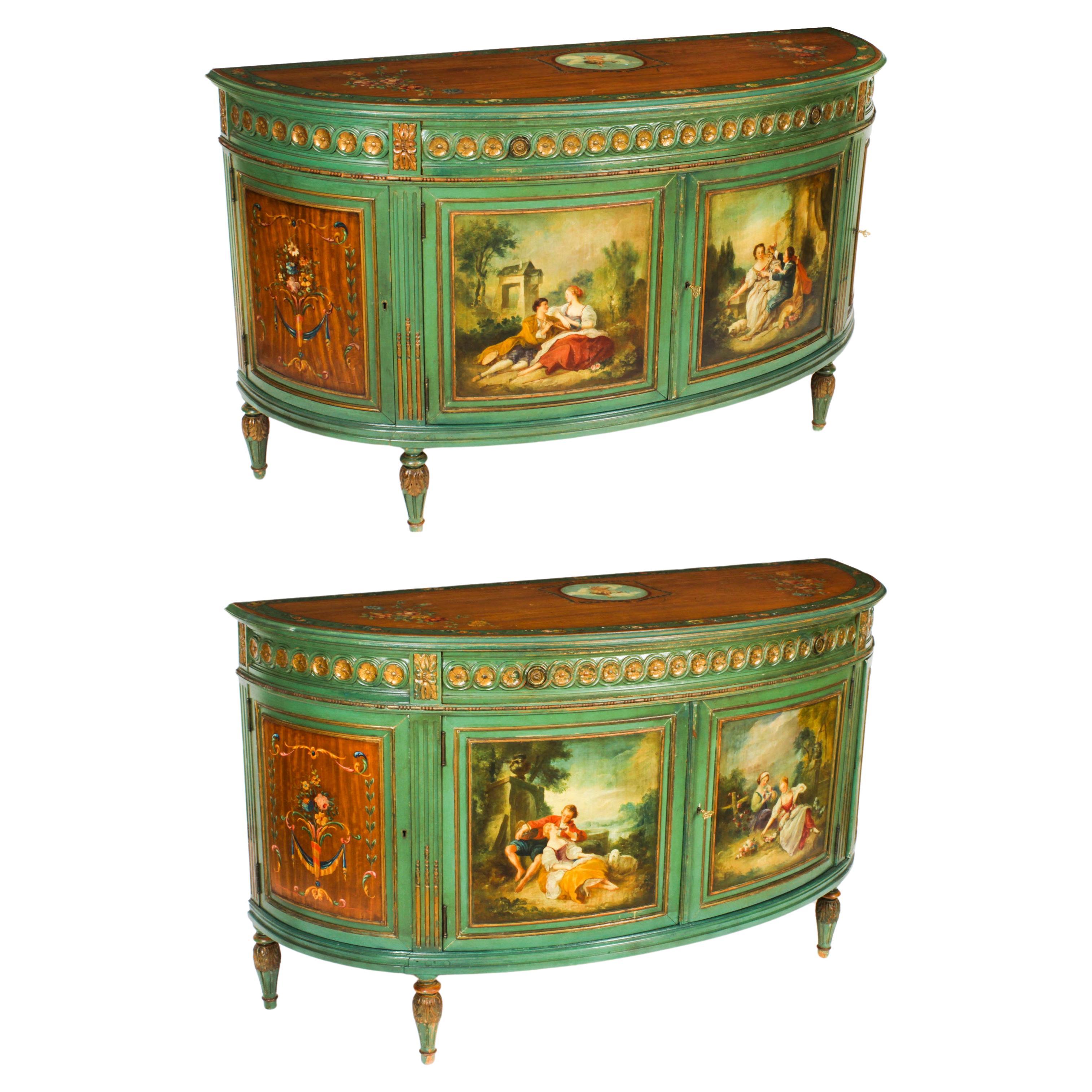 Antique French Painted Demi Lune Cabinets Commodes 20th Century For Sale