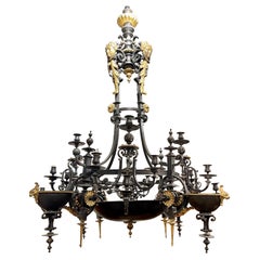 Antique French Painted Iron and Gilt Bronze 20 Light Chandelier