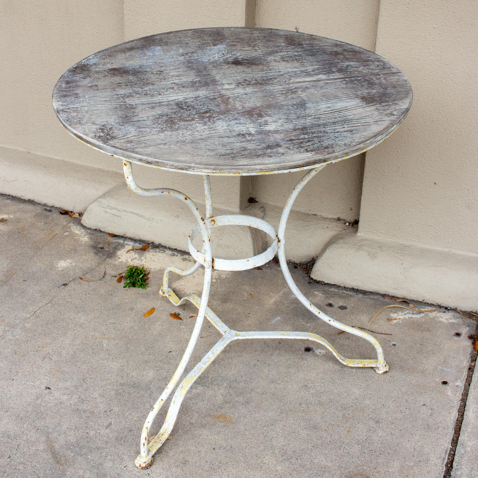 Hand-Painted Antique French Painted Iron Bistro Table with Wood Top in Greige