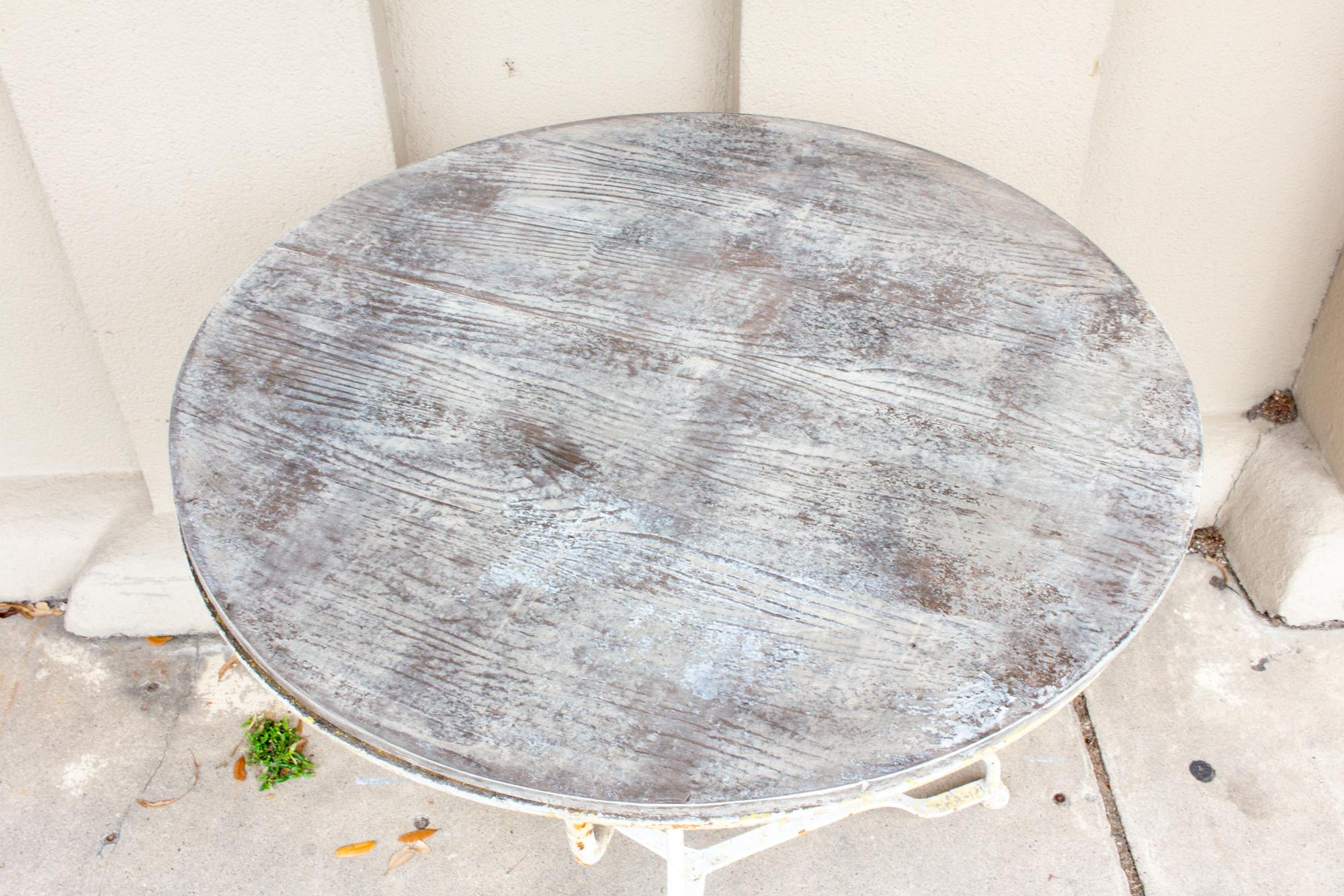 20th Century Antique French Painted Iron Bistro Table with Wood Top in Greige