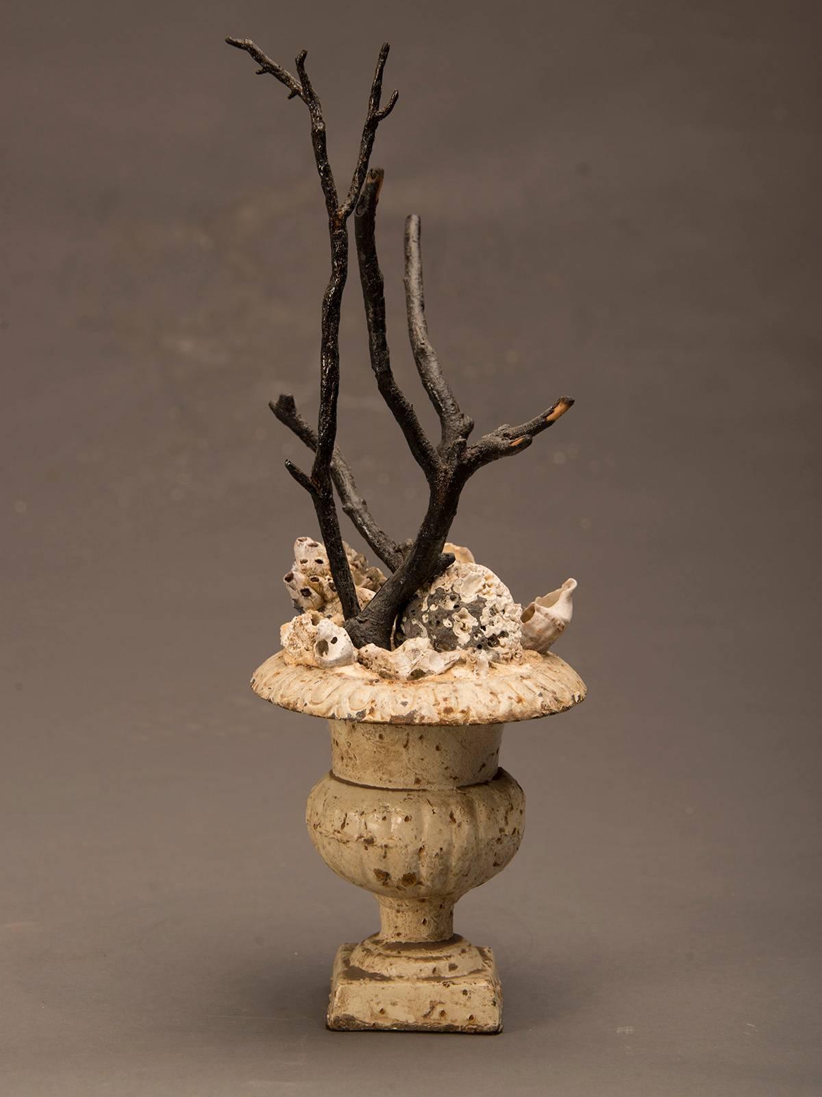 An antique French painted iron campana urn circa 1885 now filled with bleached coral and branches. This charming assemblage of natural materials contained within the classical shape of the vase is a unique decoration certain to bring a touch of