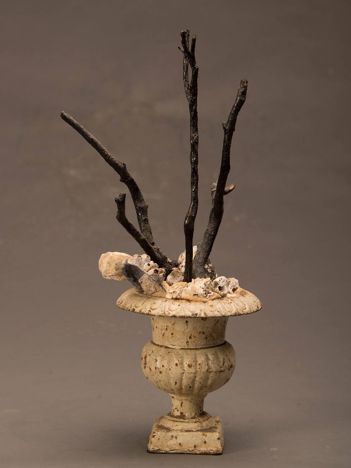 Antique French Painted Iron Campana Urn circa 1885 Filled with Coral and Branche In Excellent Condition In Houston, TX