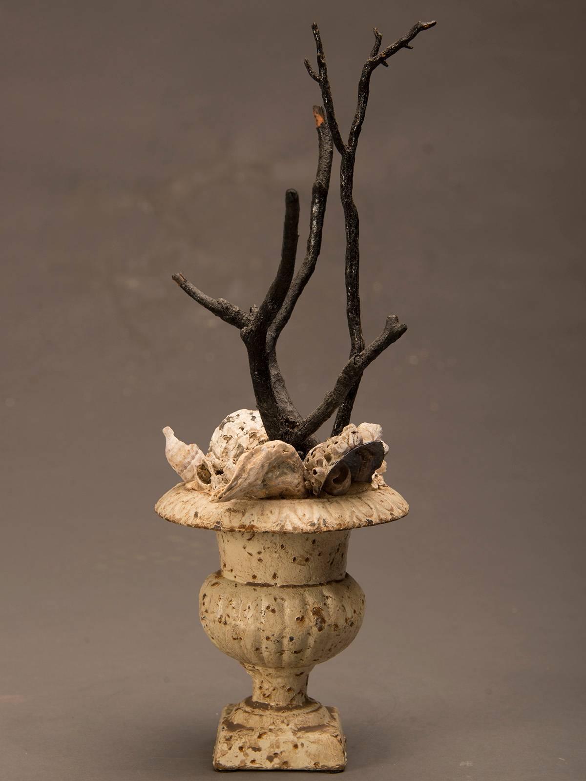 Late 19th Century Antique French Painted Iron Campana Urn circa 1885 Filled with Coral and Branche