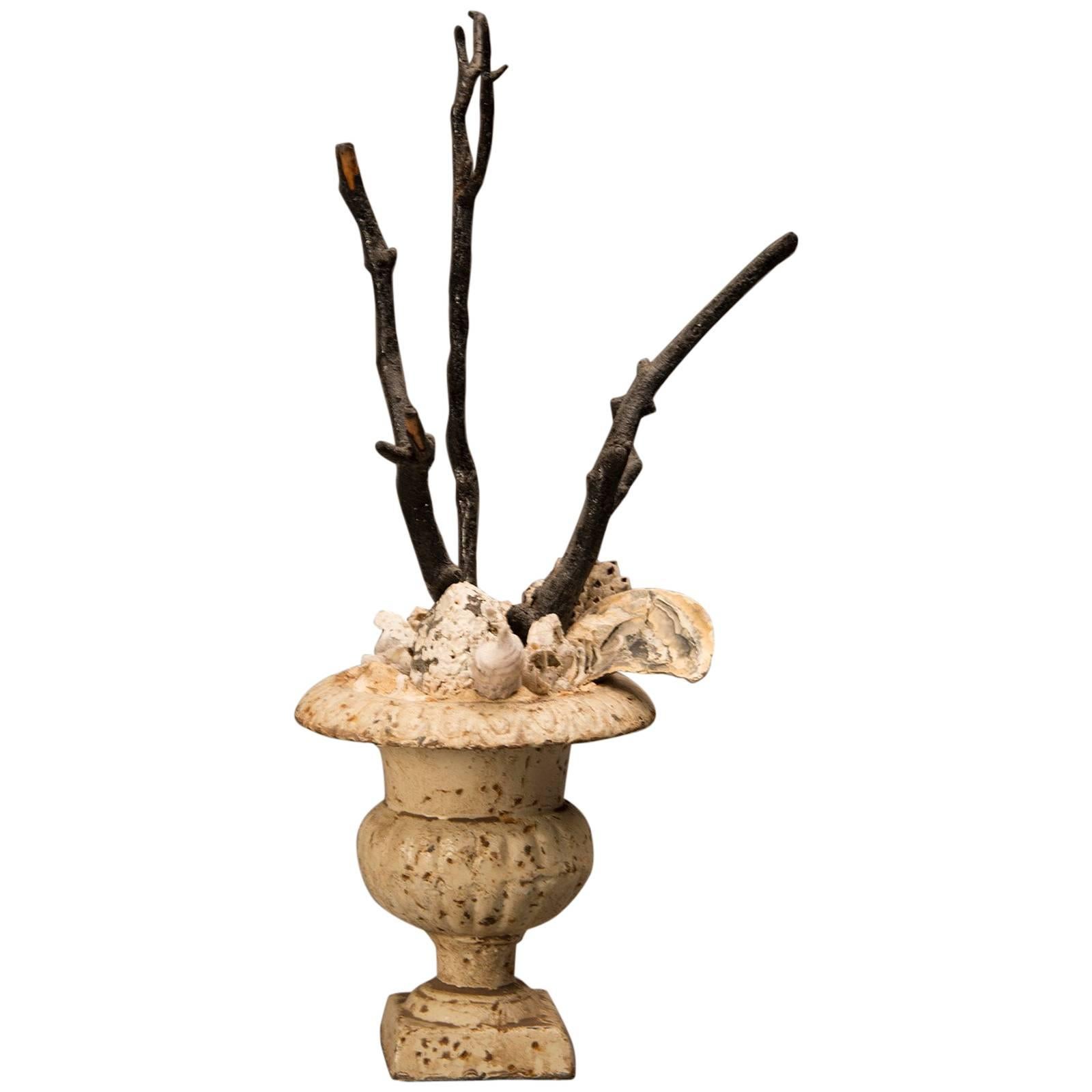 Antique French Painted Iron Campana Urn circa 1885 Filled with Coral and Branche