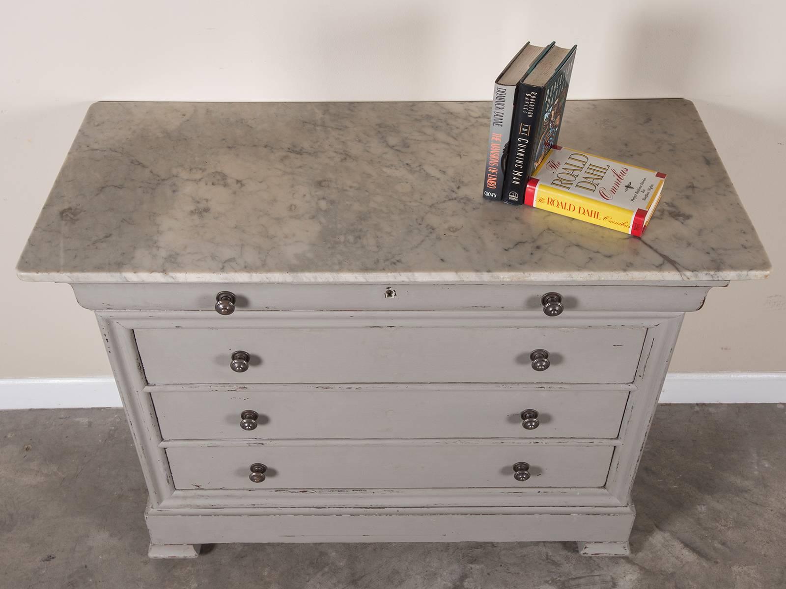 Hand-Painted Antique French Painted Louis Philippe Chest of Drawers Marble Top, circa 1875