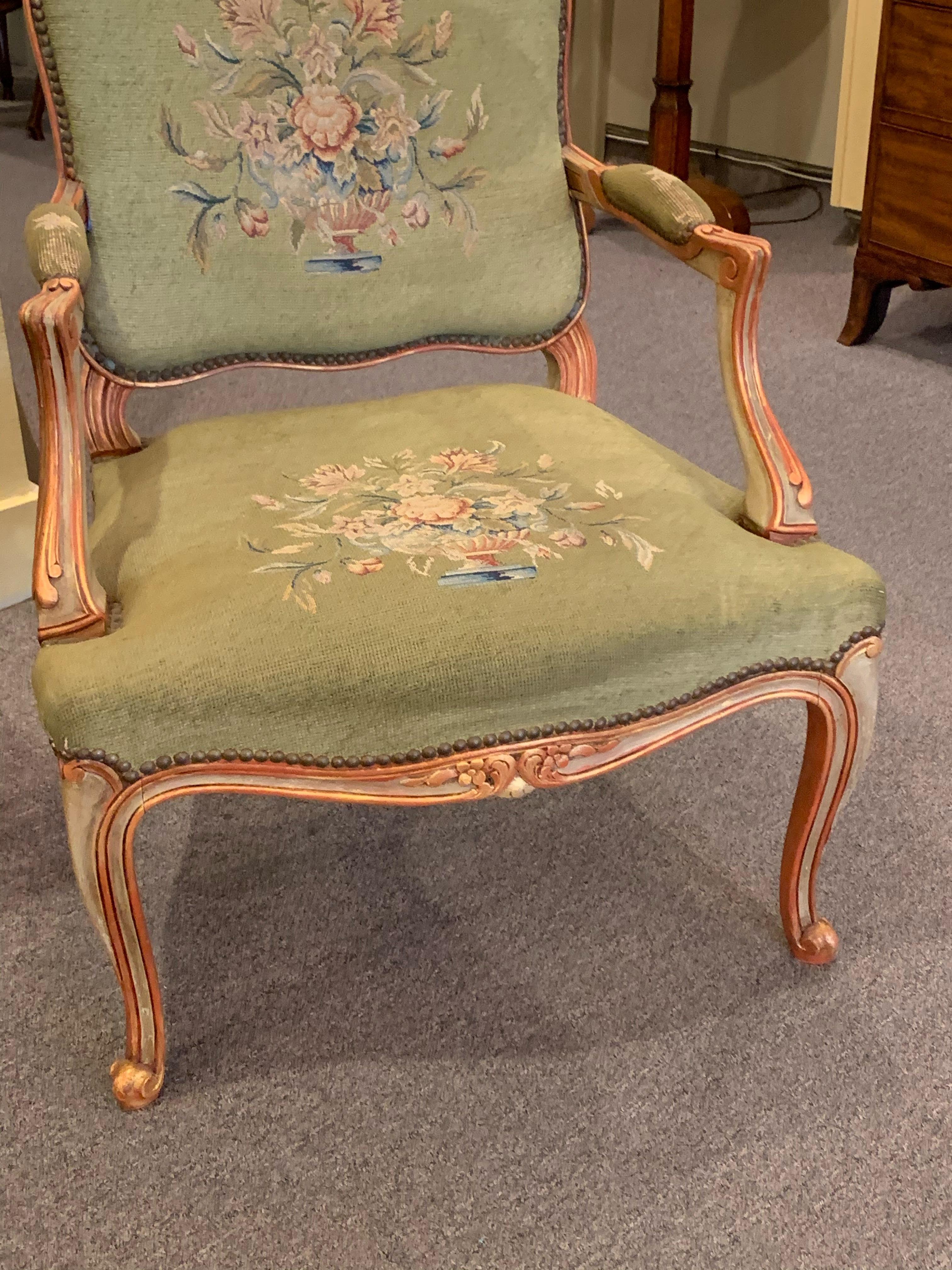 Antique French painted Louis XV style fauteuil.