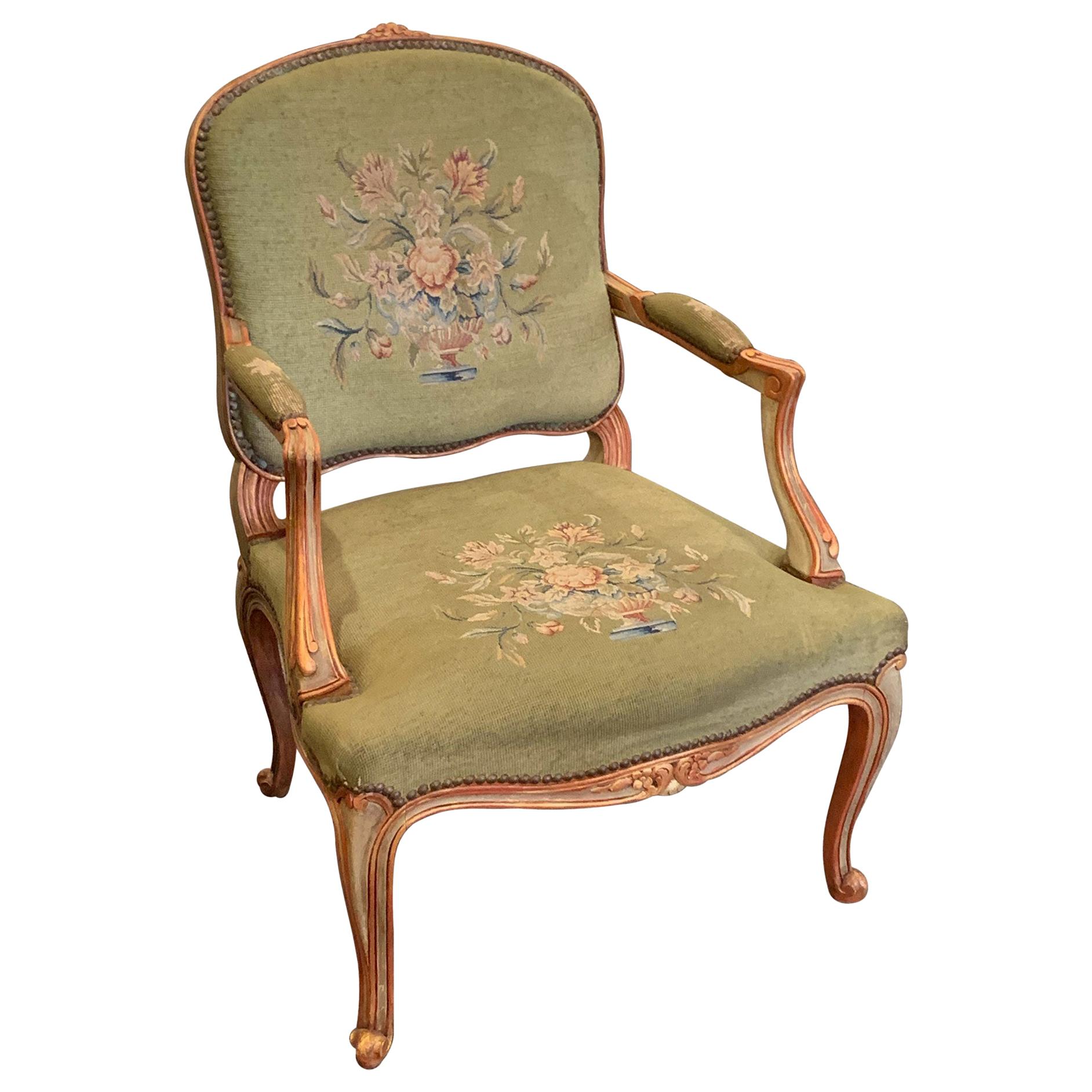 Antique French Painted Louis XV Fauteuil For Sale