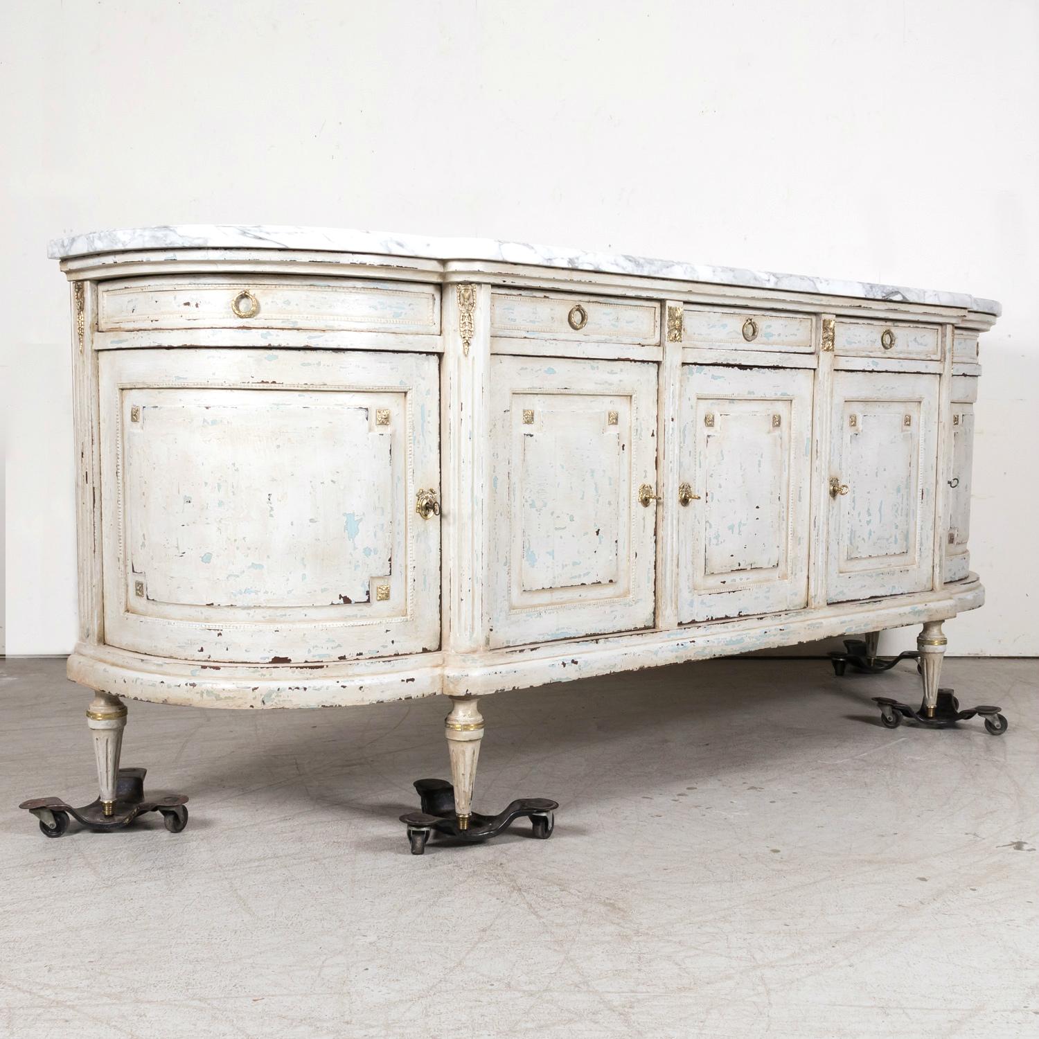 Hand-Painted Antique French Painted Louis XVI Style Demilune Enfilade Buffet with Marble Top