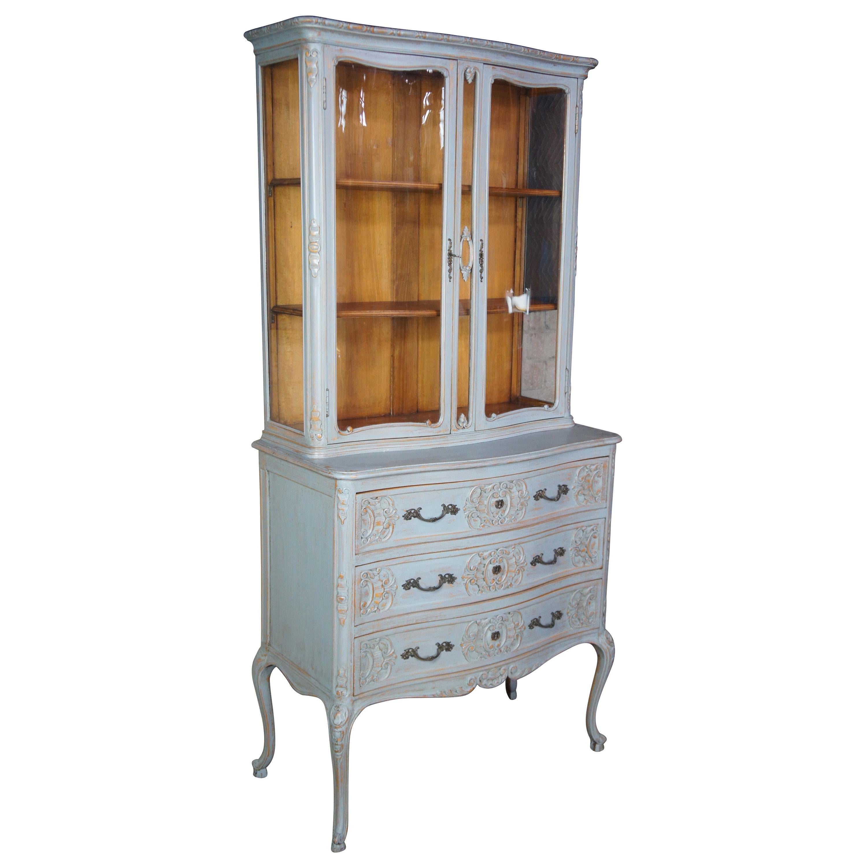 Antique French Painted Oak Curio Display Cabinet Lowboy Dresser Hutch Cupboard