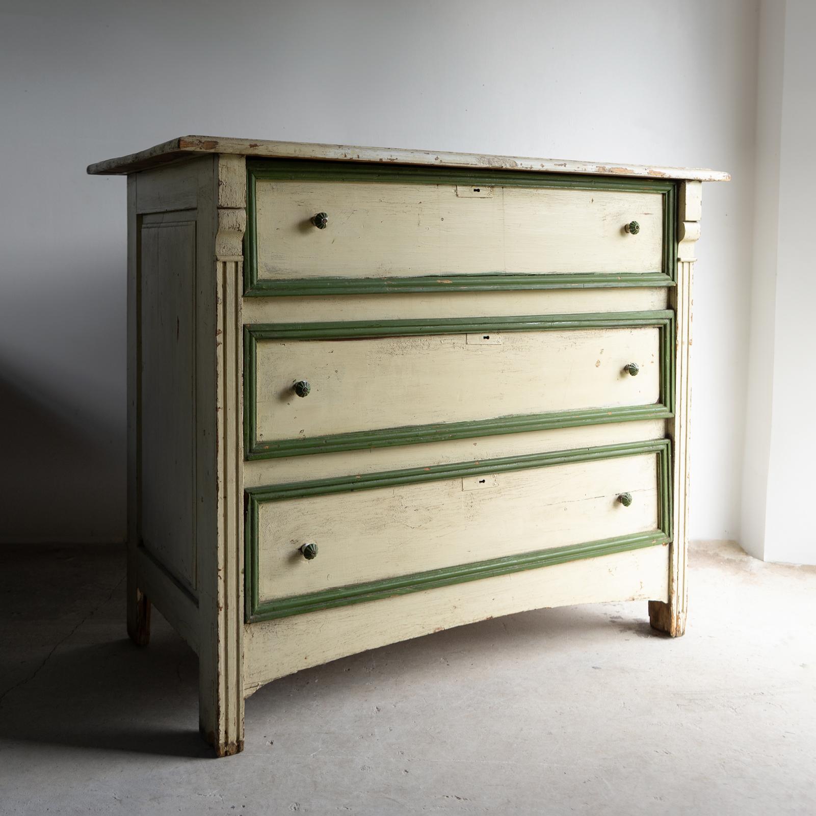 Hand-Carved Antique French Painted Pine Commode / Chest Of Drawers, 19th Century For Sale