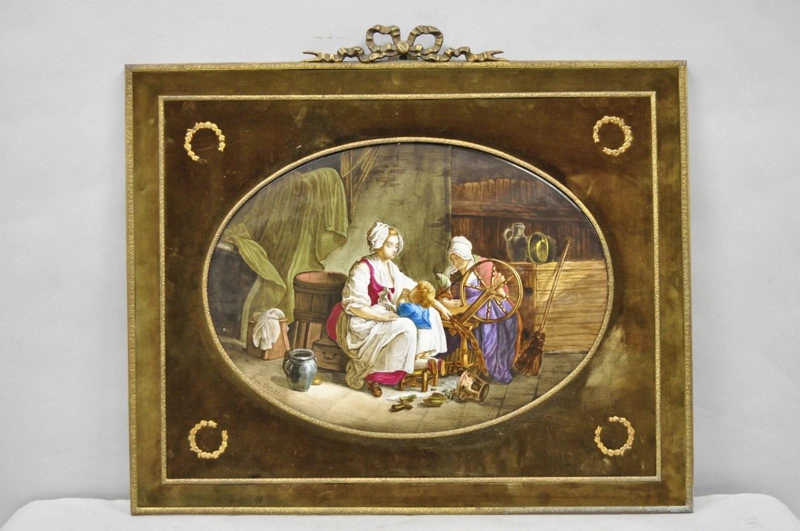 Antique French Painted Porcelain Framed Wall Plaque Signed Jean-Baptiste Greuze For Sale 6