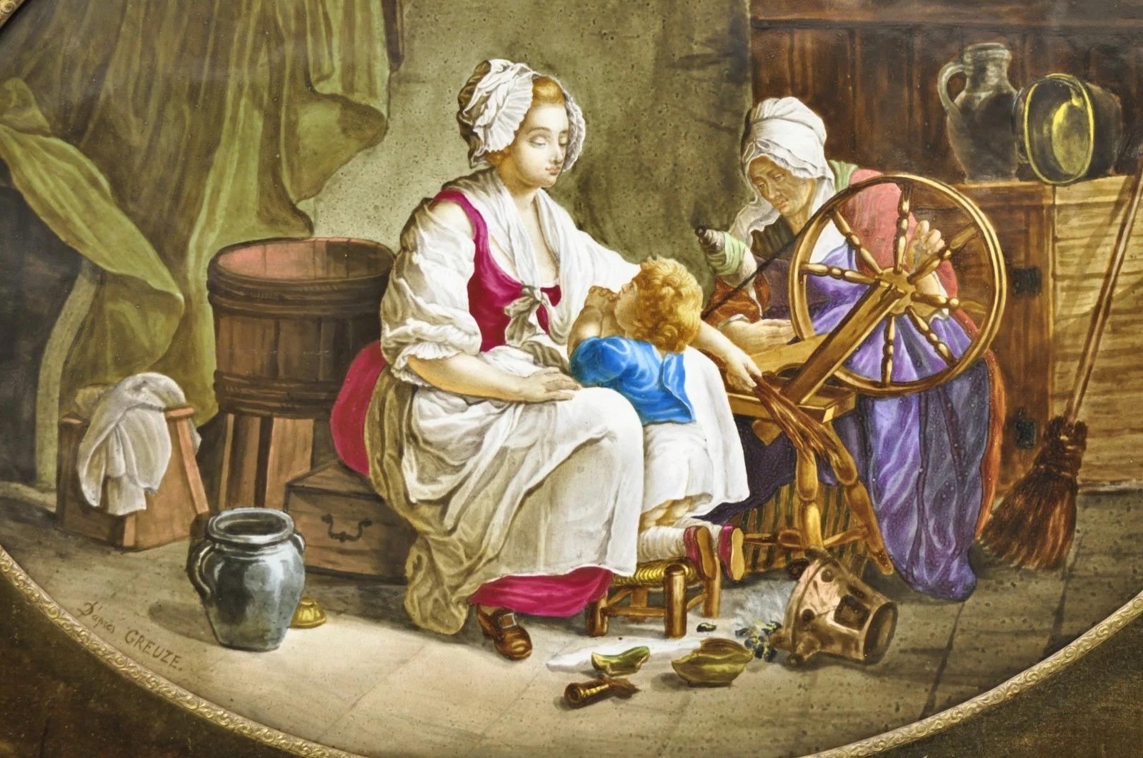 Antique French Painted Porcelain Framed Wall Plaque Signed Jean-Baptiste Greuze For Sale 8