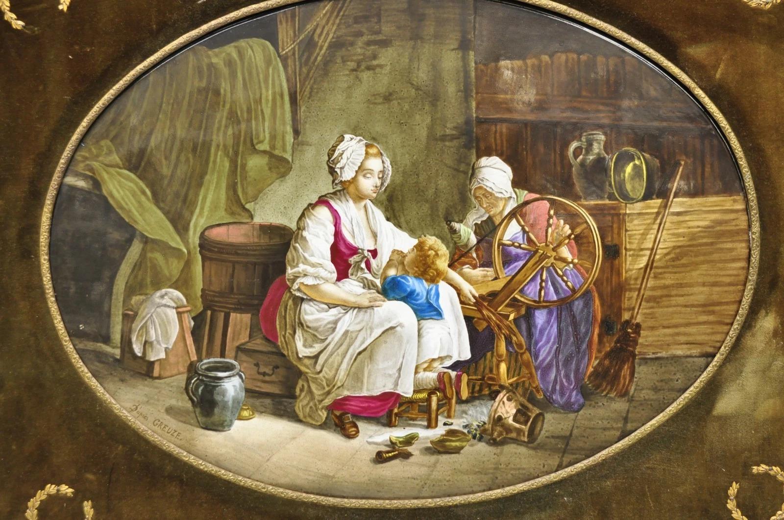 Victorian Antique French Painted Porcelain Framed Wall Plaque Signed Jean-Baptiste Greuze For Sale