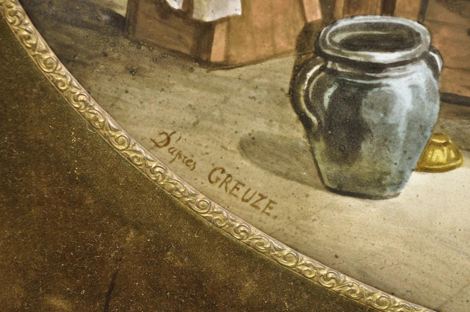 Bronze Antique French Painted Porcelain Framed Wall Plaque Signed Jean-Baptiste Greuze For Sale