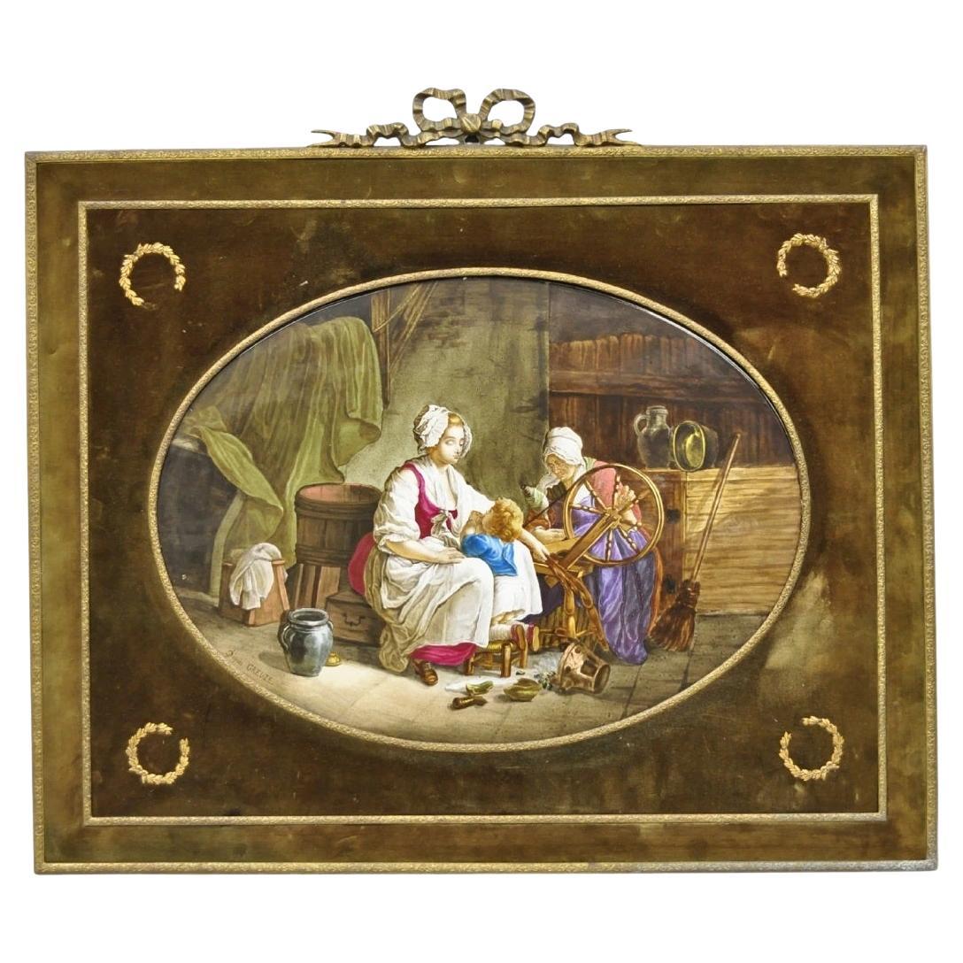 Antique French Painted Porcelain Framed Wall Plaque Signed Jean-Baptiste Greuze