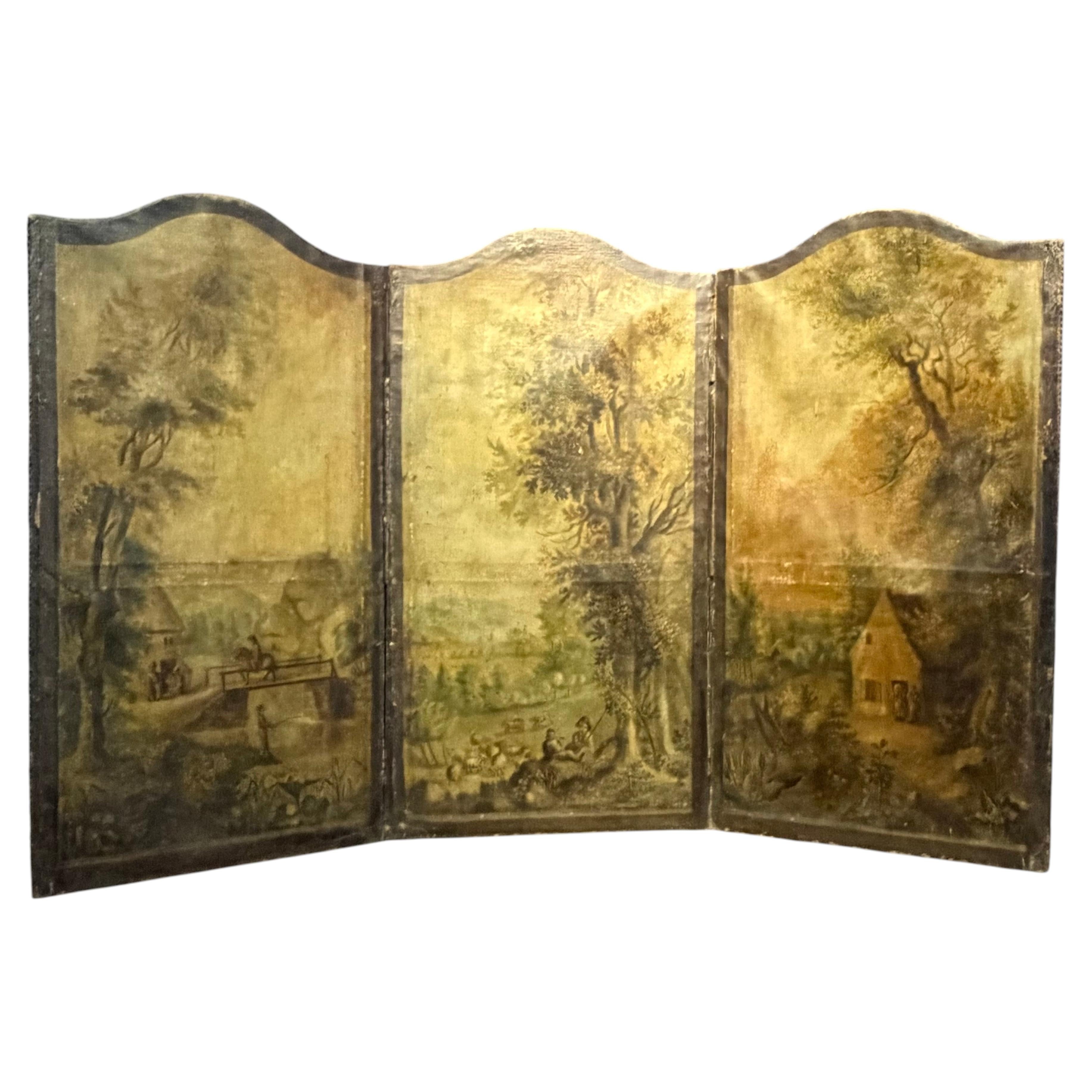 Antique French Painted Screen Depicting Three Figural Landscape Scenes