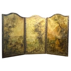 Antique French Painted Screen Depicting Three Figural Landscape Scenes
