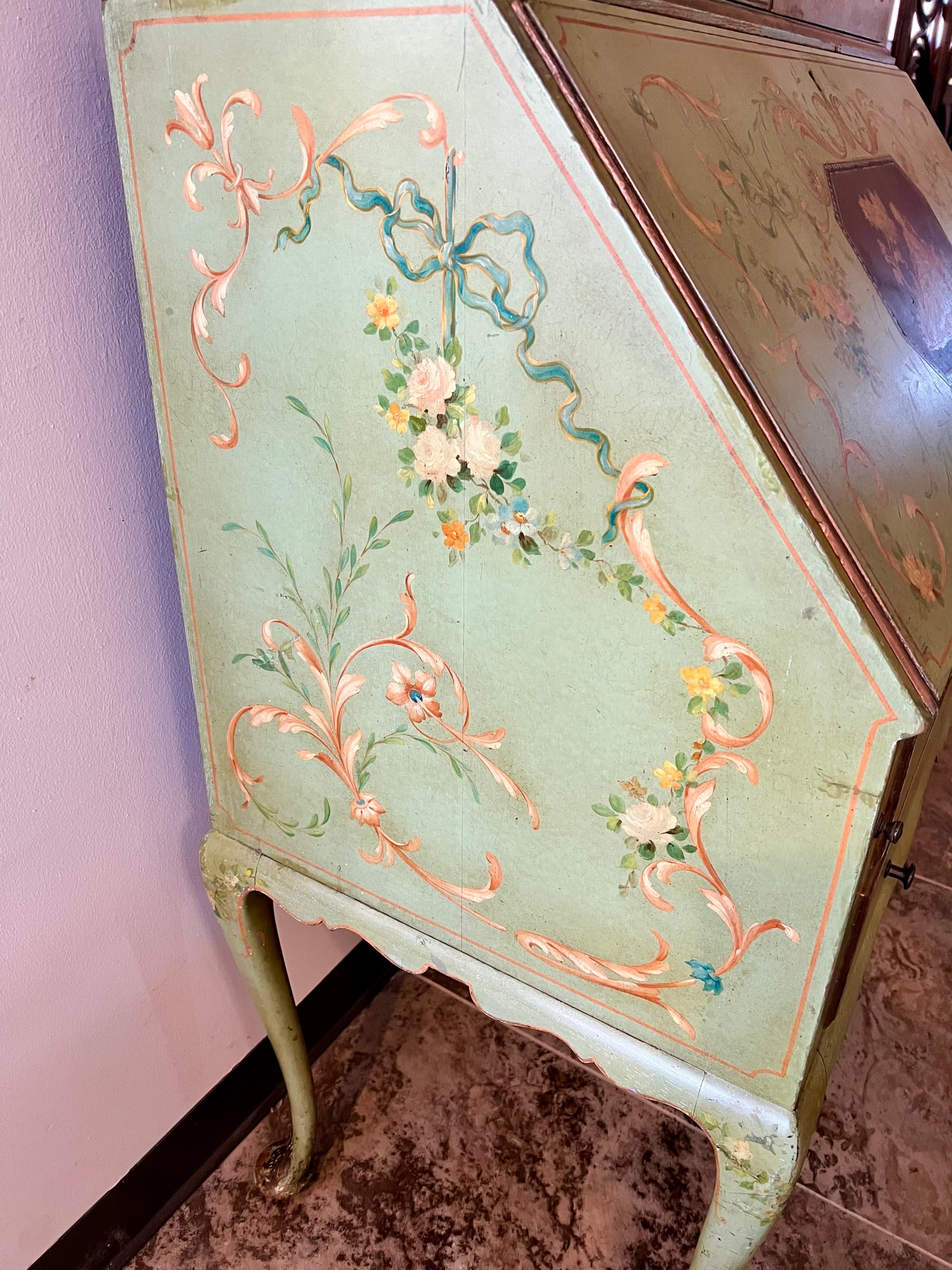 French Provincial Antique French Painted Secretary Desk Display Cabinet
