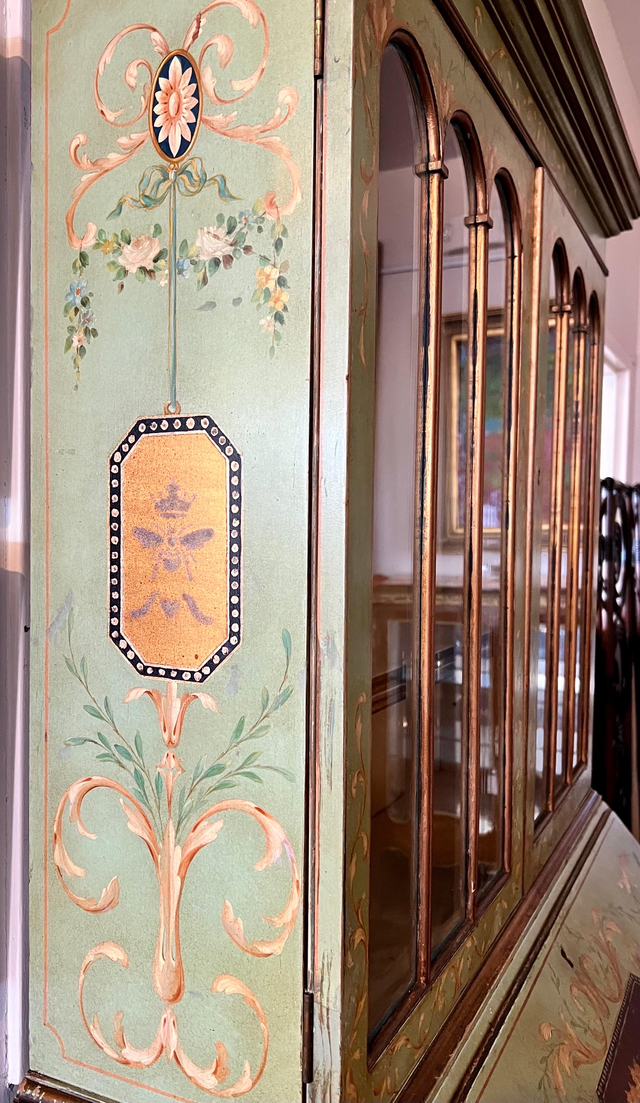 Hand-Painted Antique French Painted Secretary Desk Display Cabinet