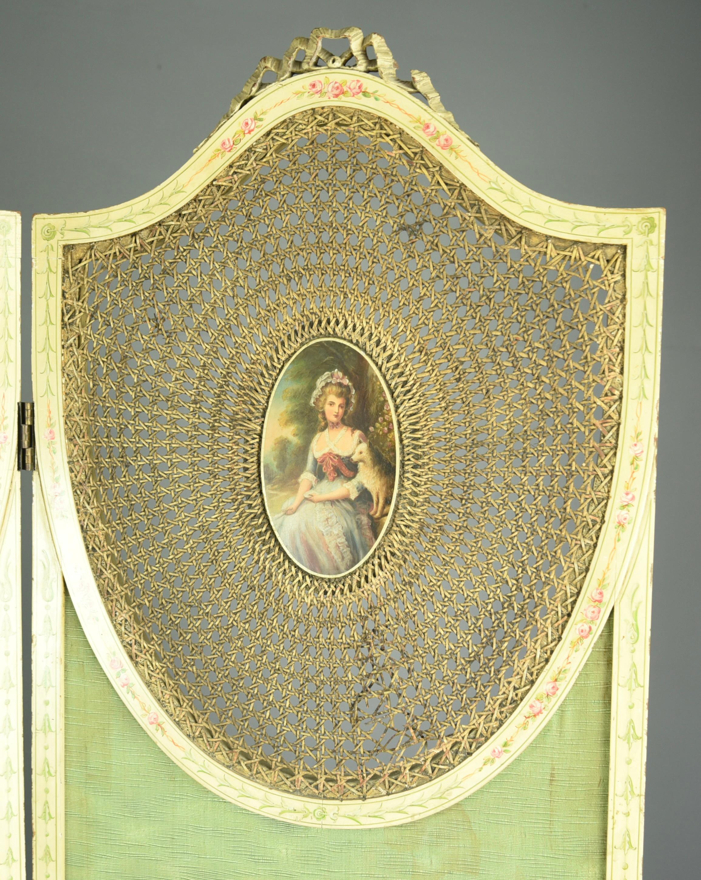 Walnut Antique French Painted Three Fold Boudoir Screen