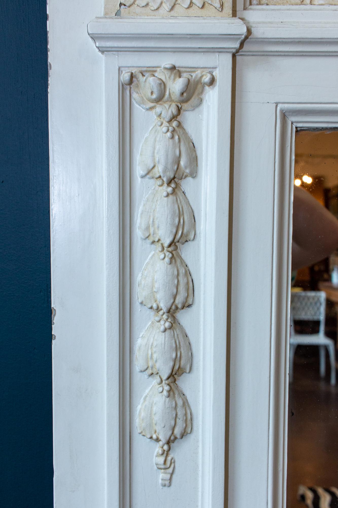 Antique French Painted Trumeau Mirror with Plaster Panel Detail in Antique White 7