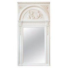 Antique French Painted Trumeau Mirror with Plaster Panel Detail in Antique White