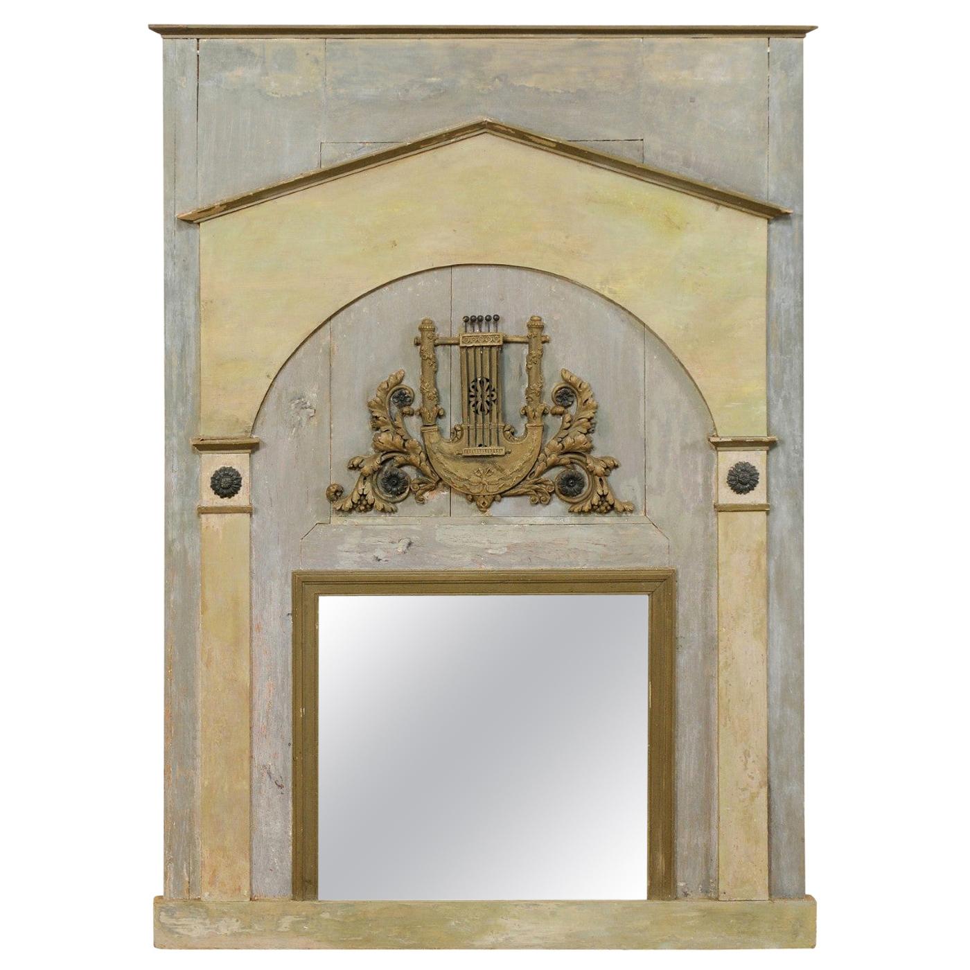 Antiker französischer bemalter Holzspiegel mit architektonischem und Leier-Motiv-Verzierung  