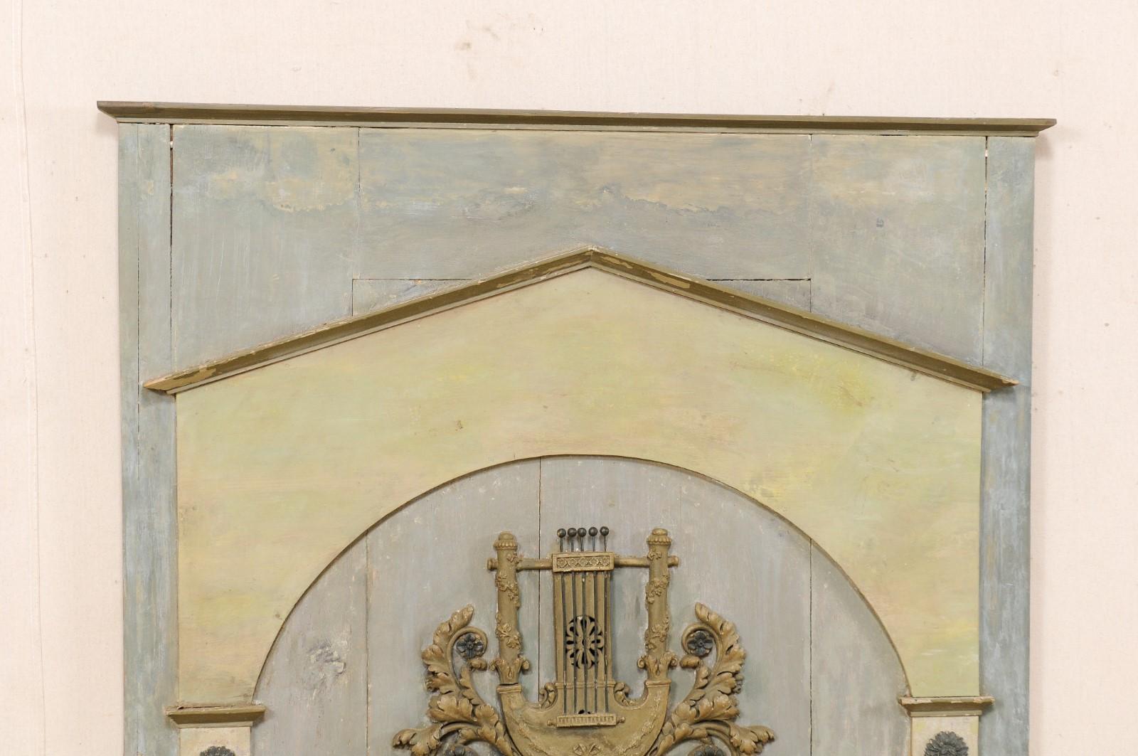 Antique French Painted Wood Mirror with Architectural and Lyre Motif Adornment   In Good Condition For Sale In Atlanta, GA