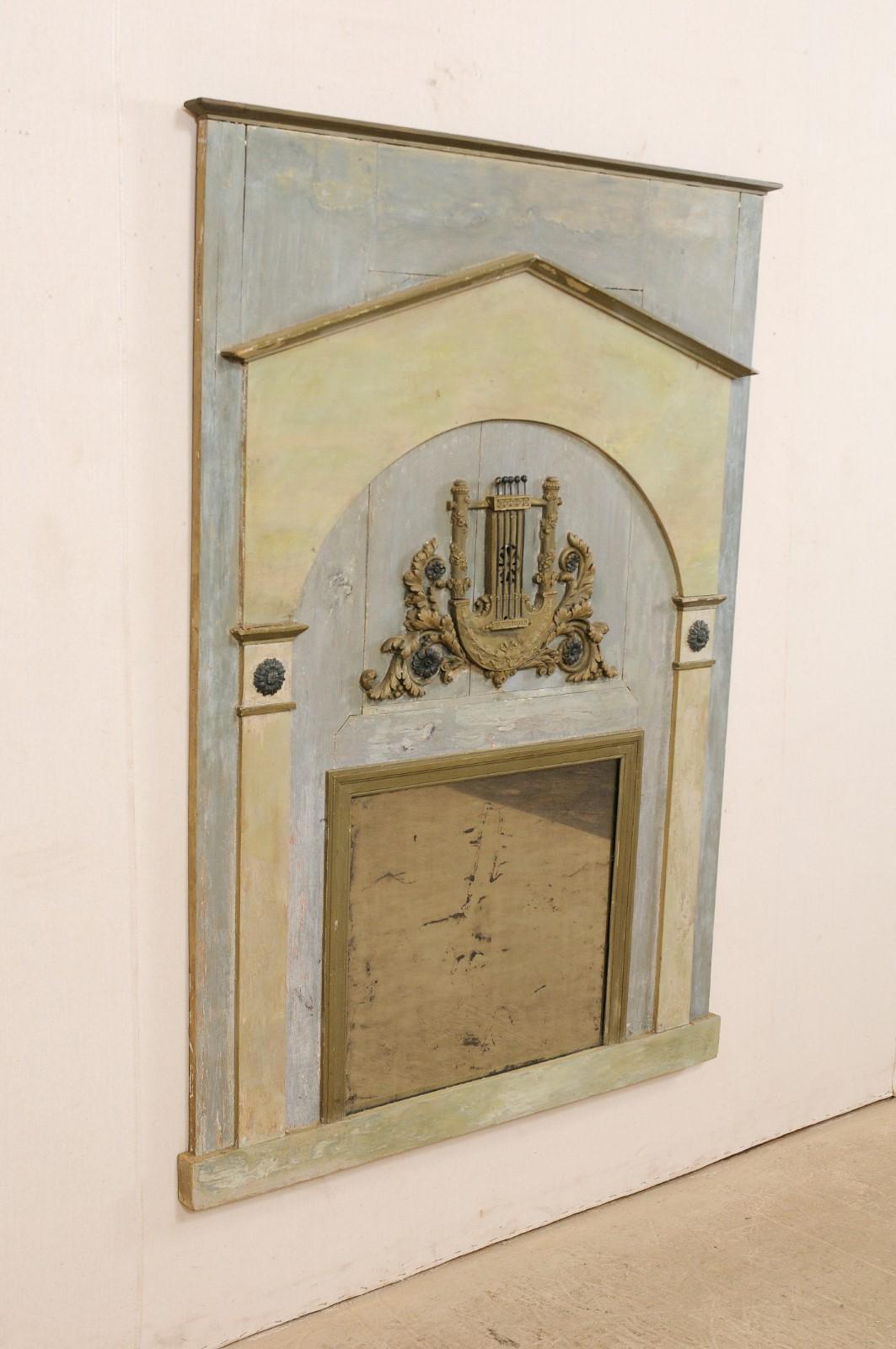 Antique French Painted Wood Mirror with Architectural and Lyre Motif Adornment   For Sale 3